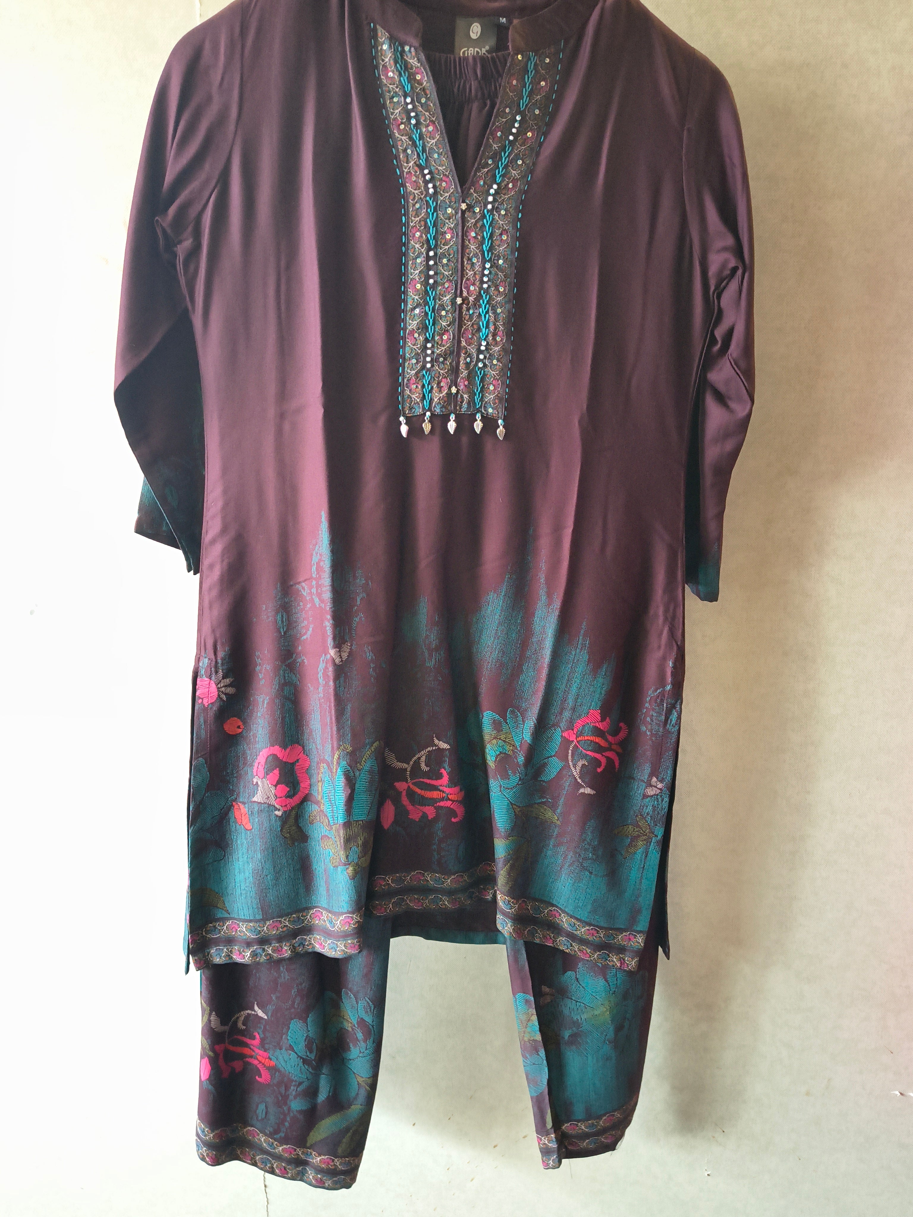 Image of Wine Embellished Premium Silk Co-Ord Set
