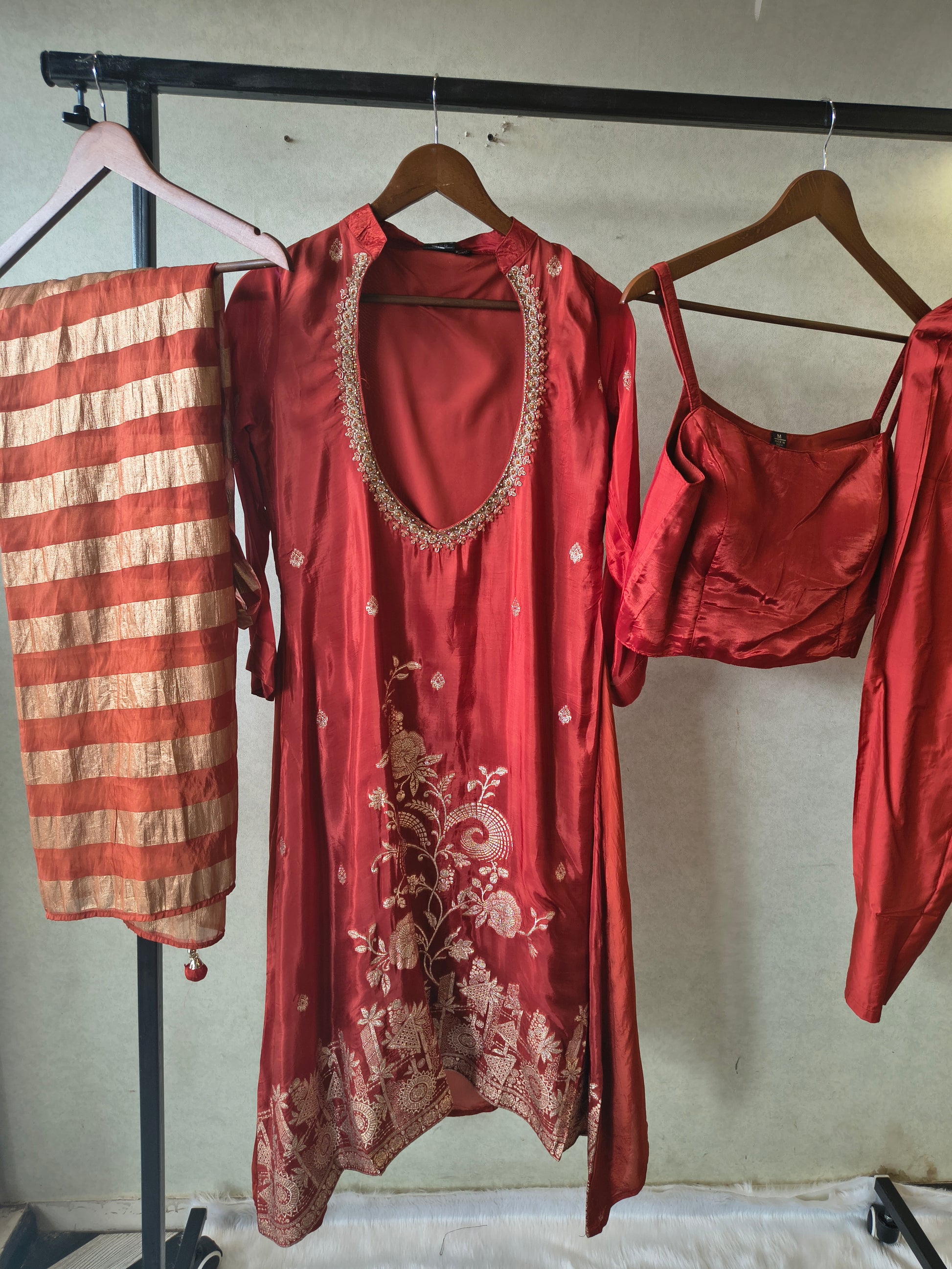 Ruby Red Embroidered Asymmetrical Kurta with Inner, Cigarette Pants & Striped Dupatta – 4 Piece Designer Indo-Western Set