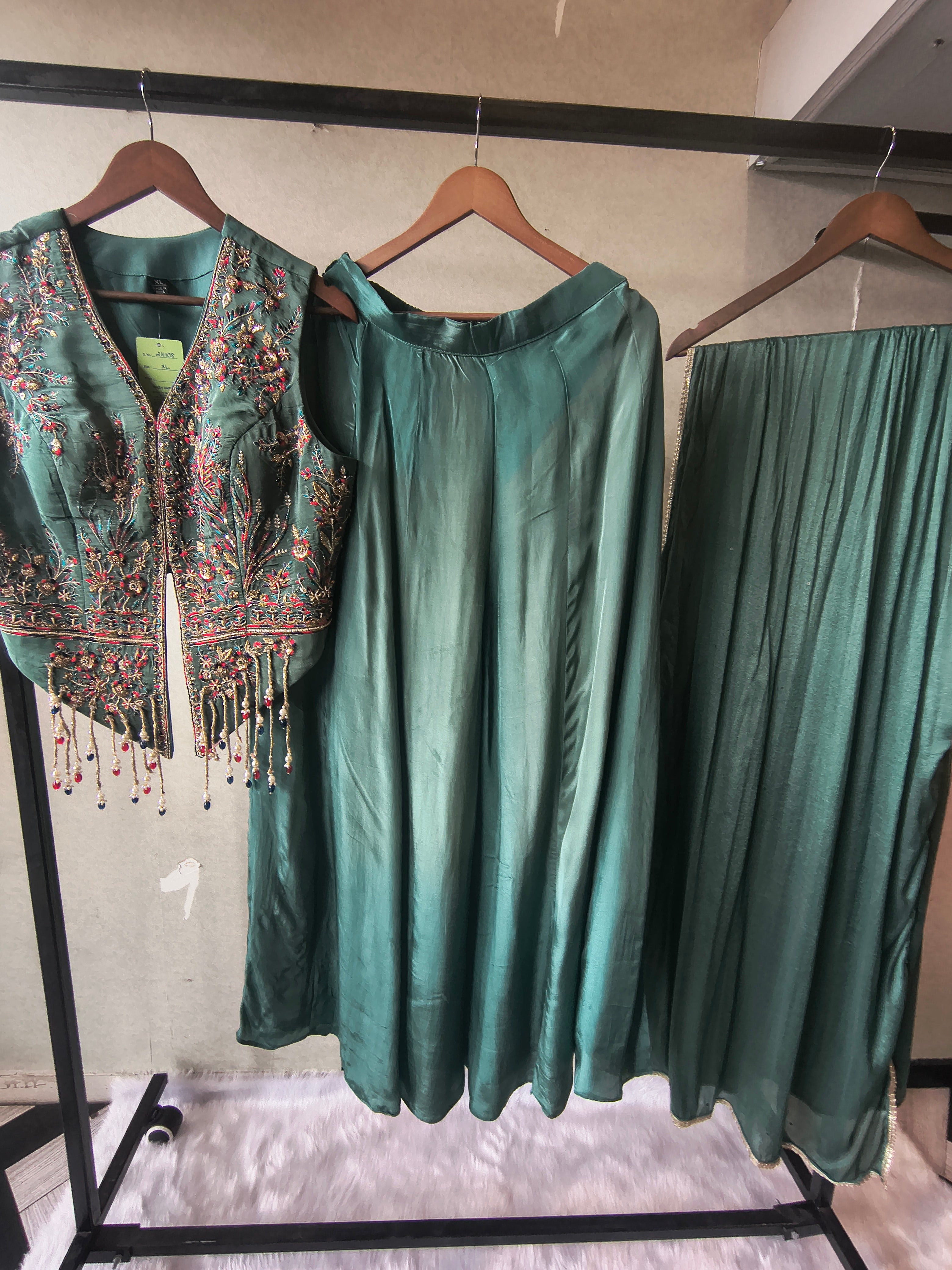 Image of Premium Emerald Green Satin Silk 3-Piece Lehenga Set with Hand Embroidered Crop Jacket & Dupatta
