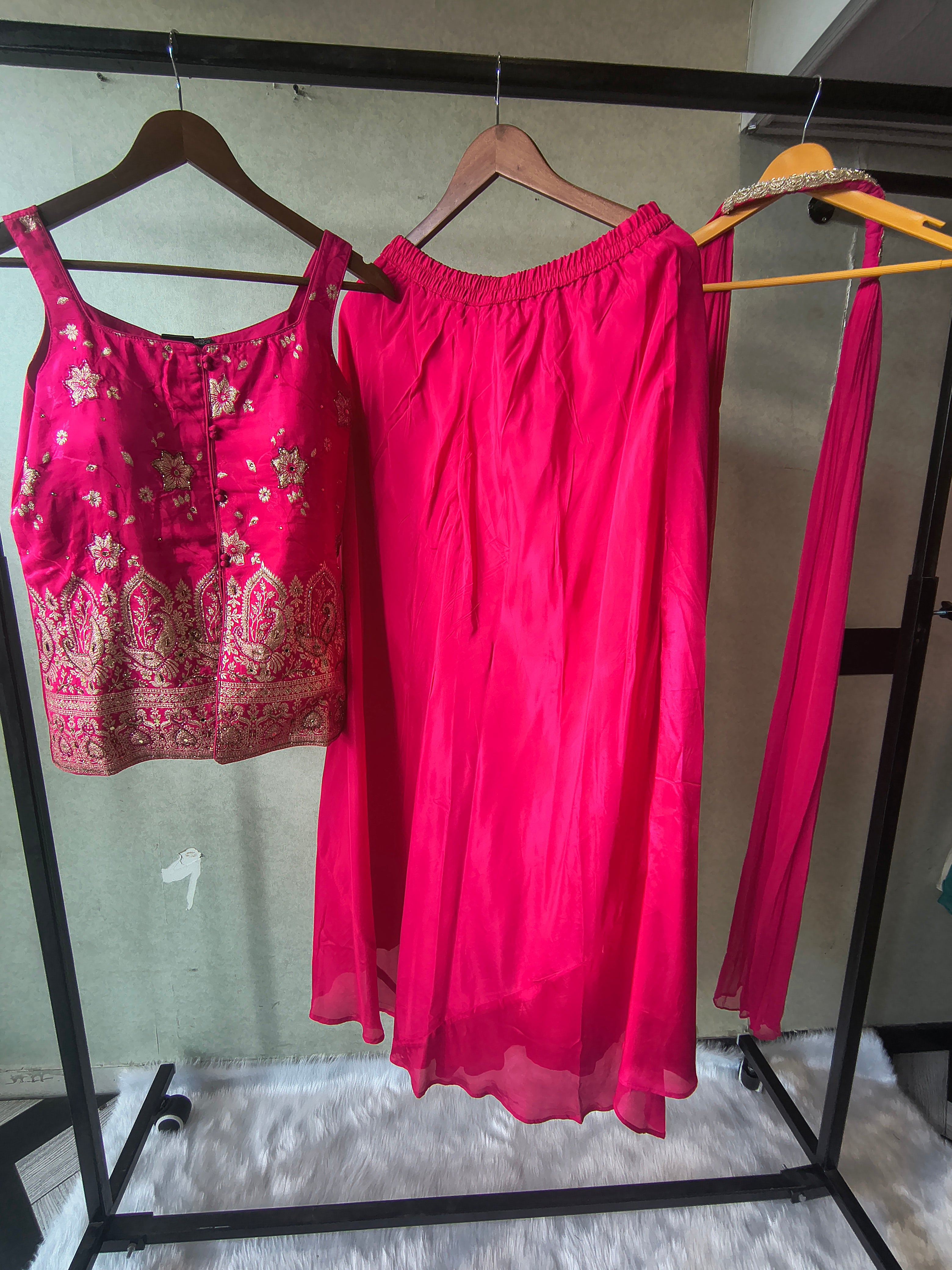 Image of Premium Rani Pink Satin Silk 3-Piece Lehenga Set with Heavy Zari Embroidered Blouse & Dupatta