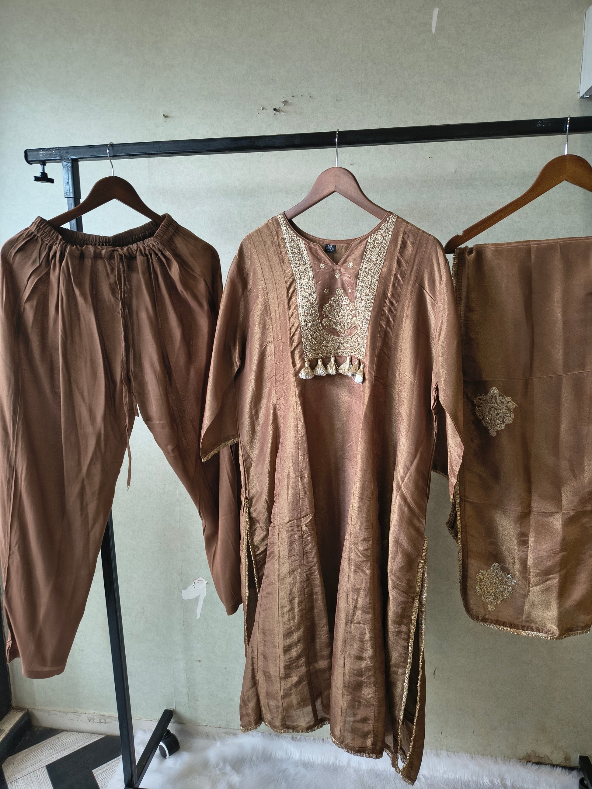 Premium Copper Brown Embroidered A-Line Kurta Set with Dupatta