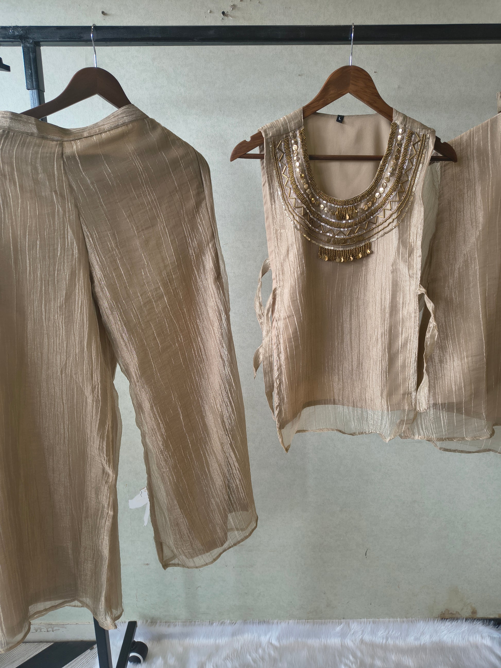 Premium Champagne Tissue Silk 3-Piece Co-Ord Set with Statement Hand Embellished Jacket, Inner & Palazzo