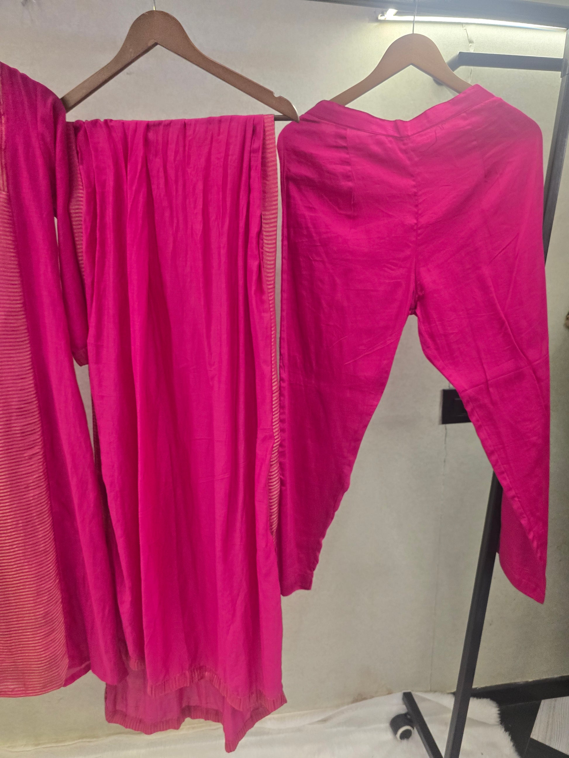 Fuchsia Pink Textured Straight Kurta Set with Woven Panel & Matching Dupatta | Premium 3 Piece Ethnic Ensemble