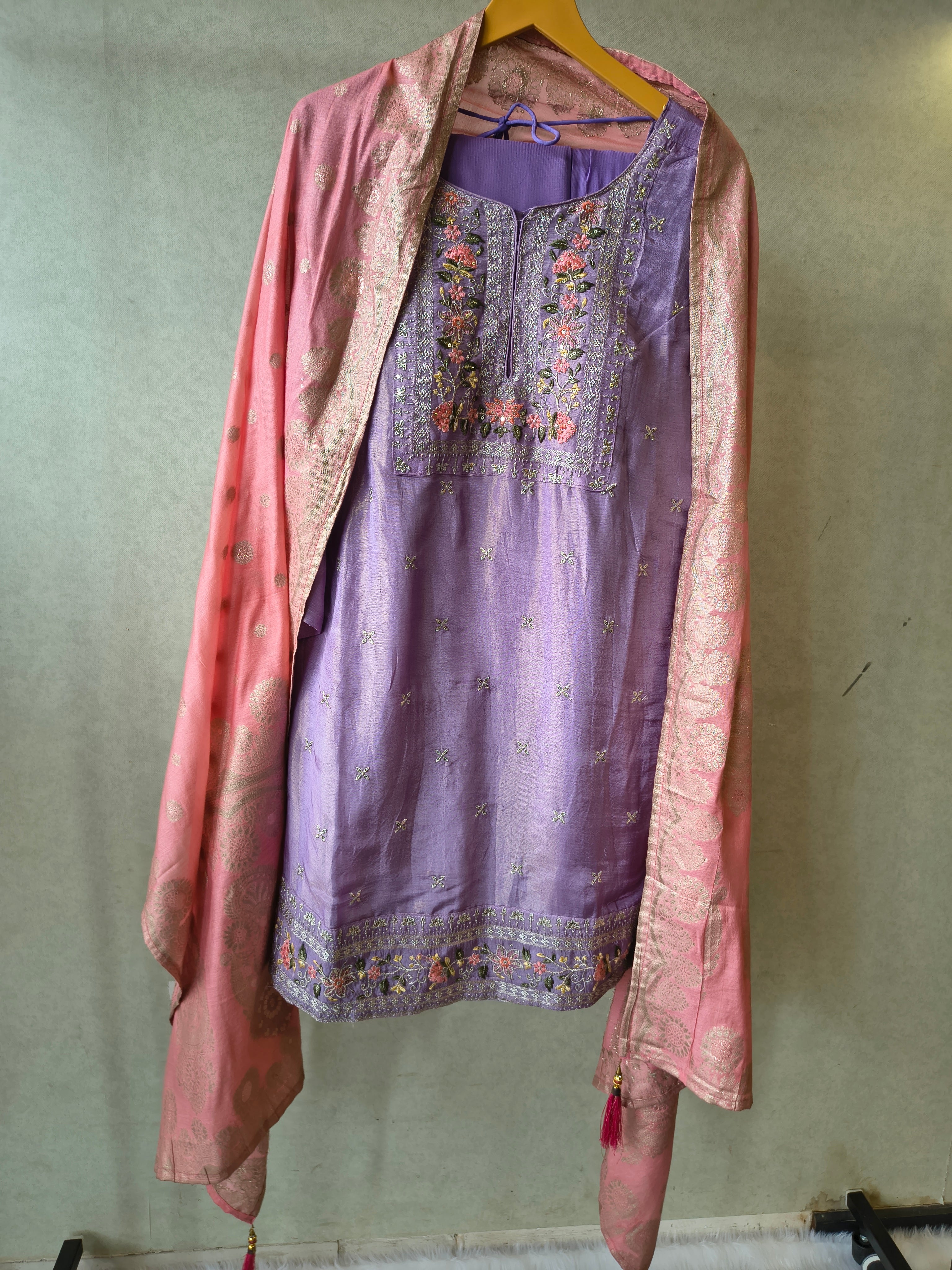 Image of Premium Lavender Embroidered Kurta with Sharara & Banarasi Dupatta Set