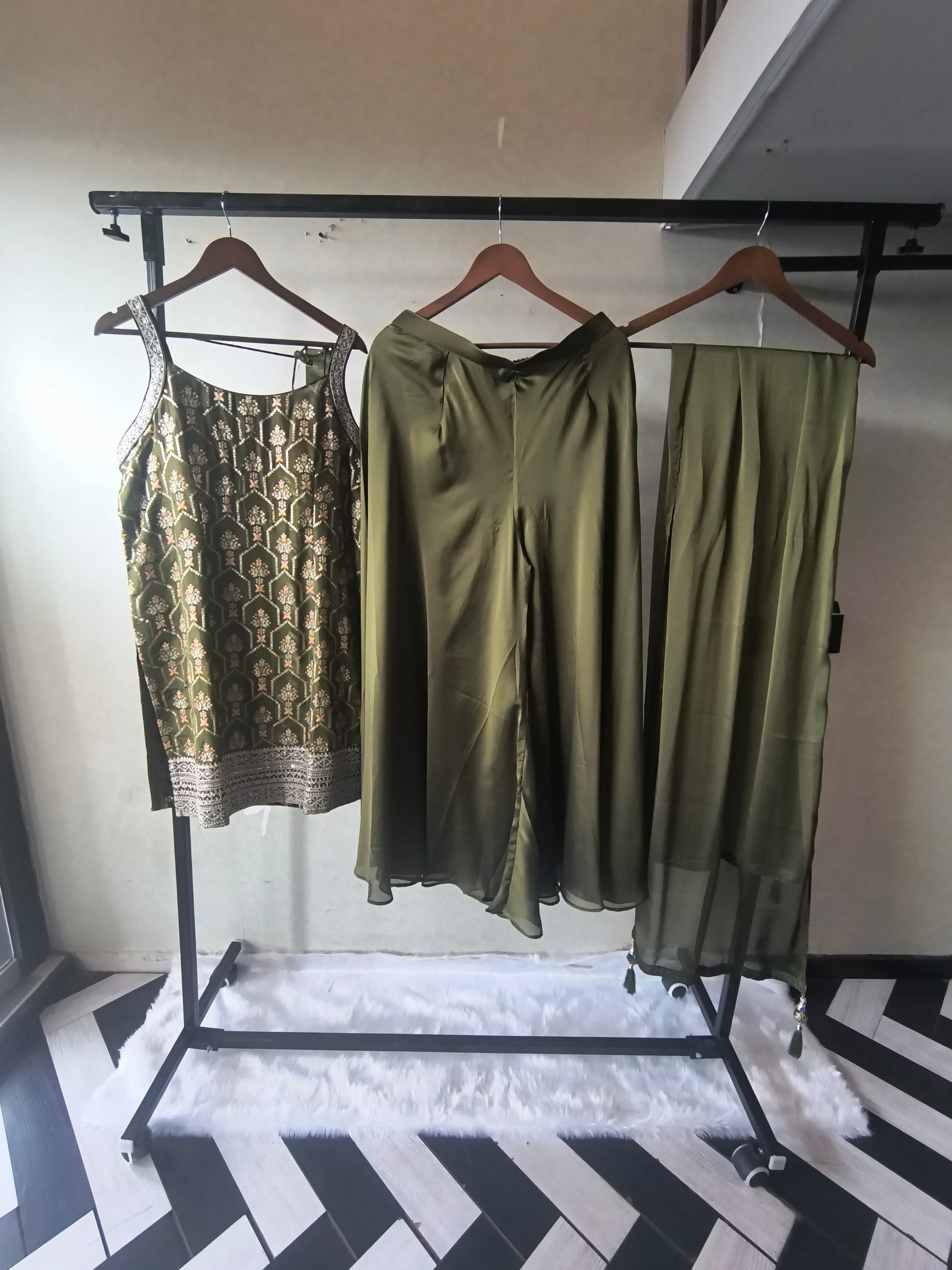 Olive Green Printed Sharara Set with Embroidered Border & Dupatta – Premium 3 Piece Festive Ensemble
