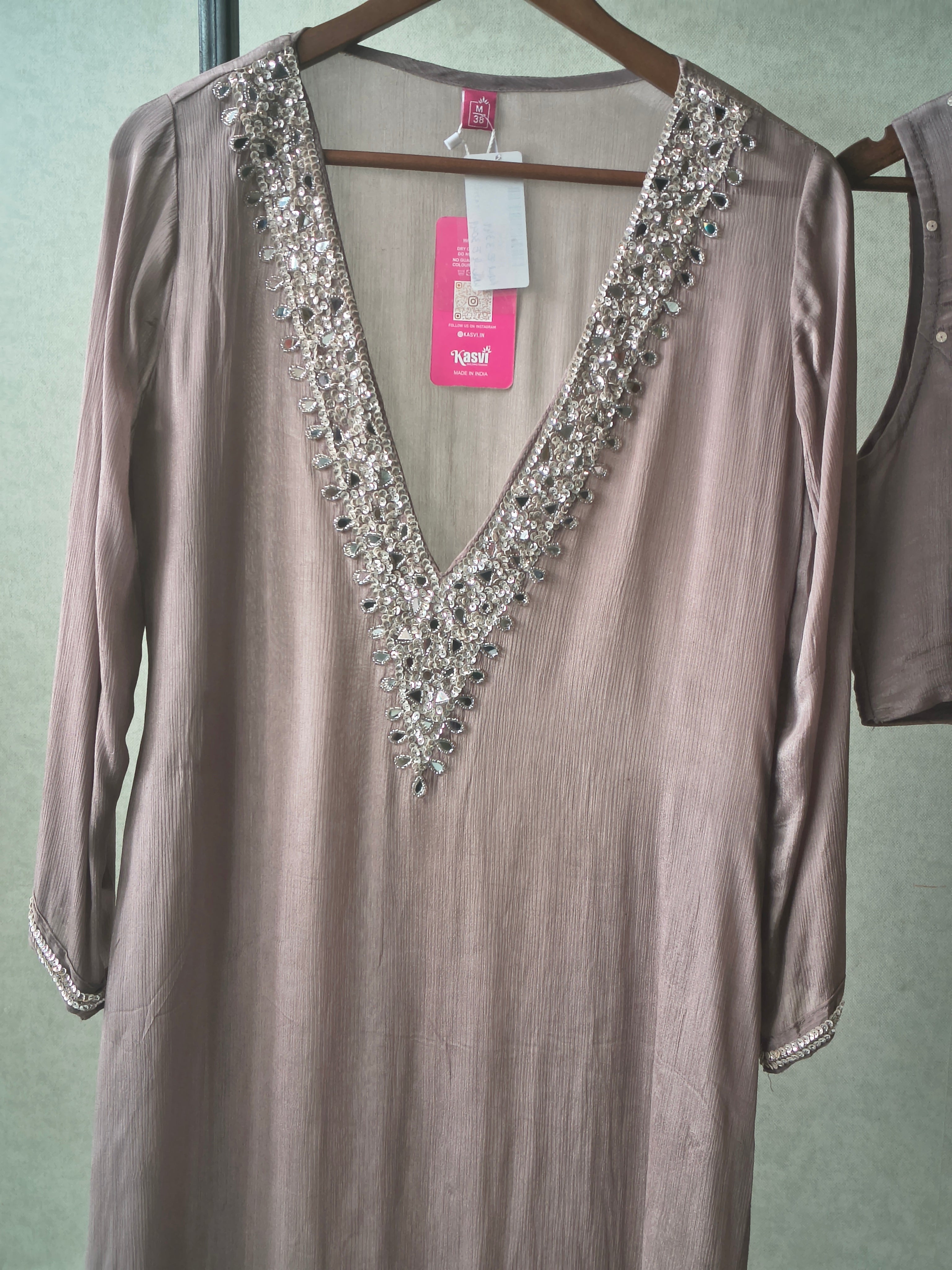 Image of Luxury Taupe Embellished Kurta with Sleeveless Blouse & Straight Pants – 3 Piece Designer Indo-Western Set