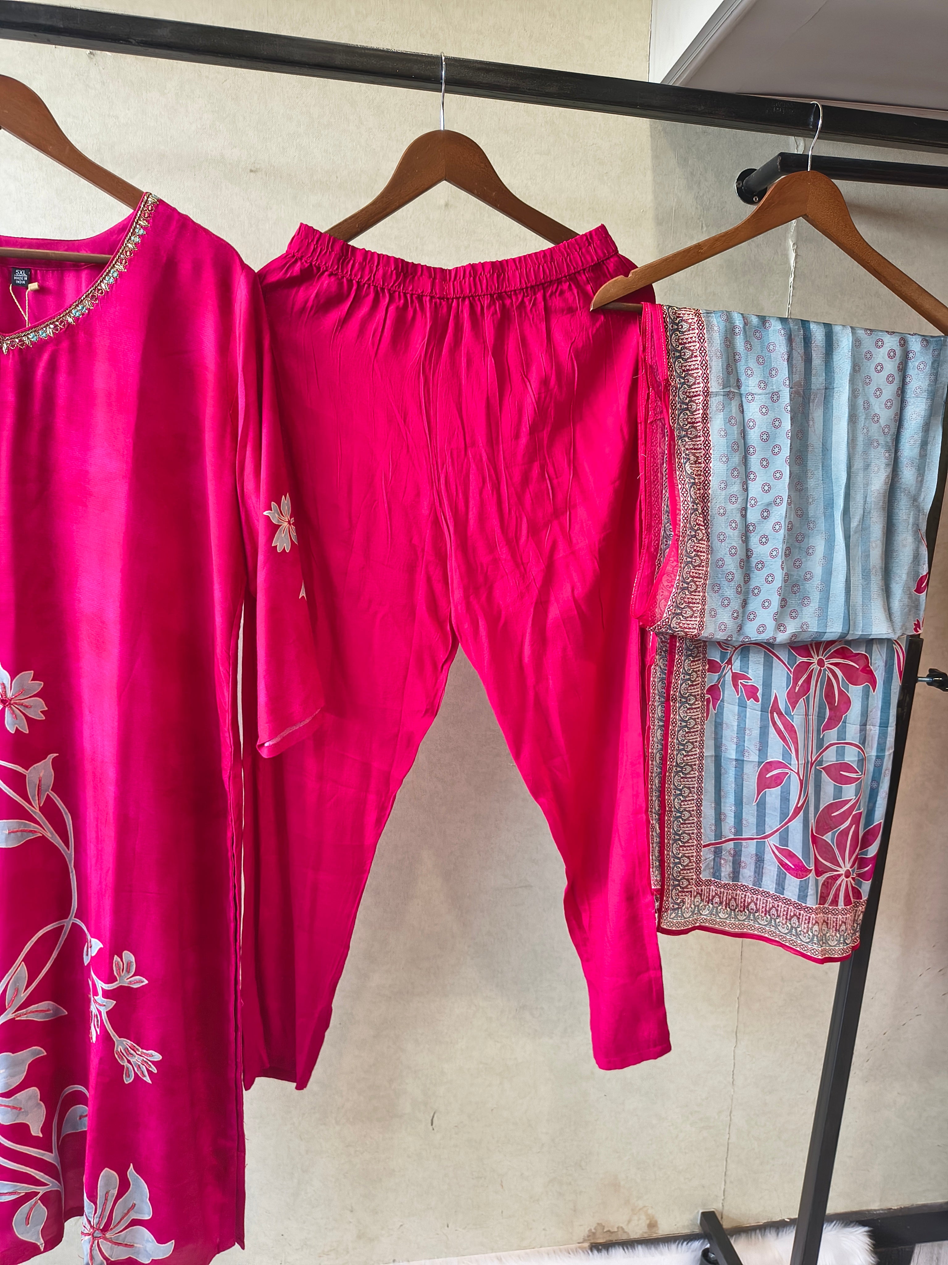 Image of Premium Fuchsia Floral Printed Kurta Set with Embellished Neckline & Contrast Dupatta