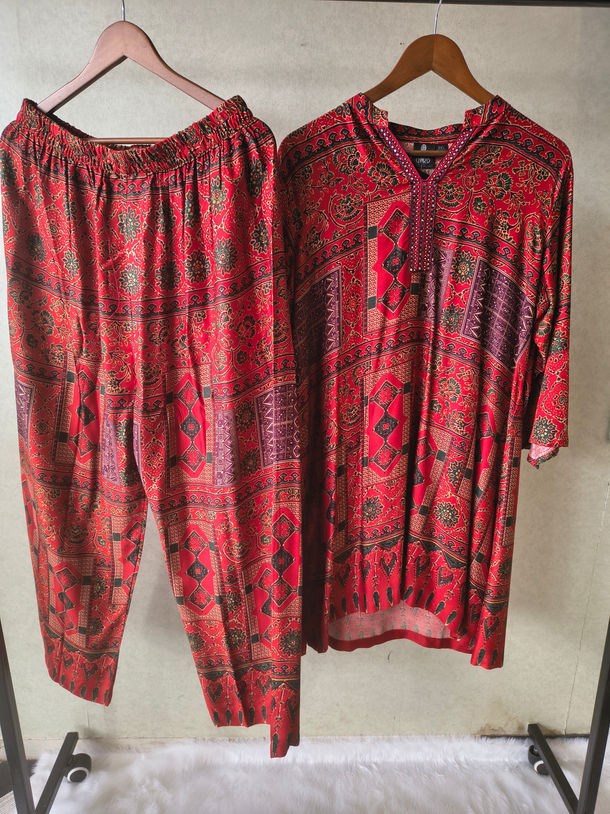 Premium Rust Red Tribal Print Co-Ord Kurta Set with Straight Pants