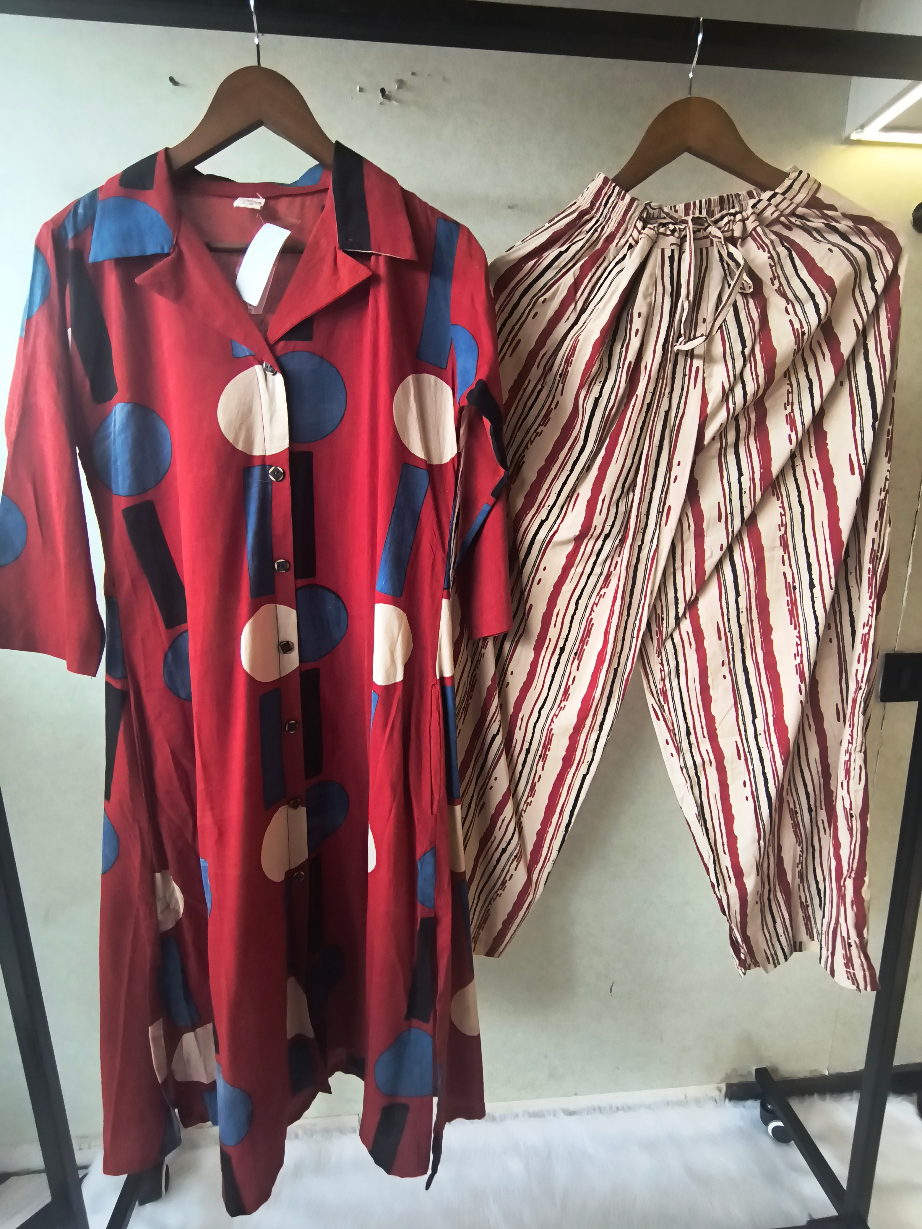 Image of Premium Rust Red Abstract Printed Shirt Kurta with Striped Relaxed Pants Co-Ord Set