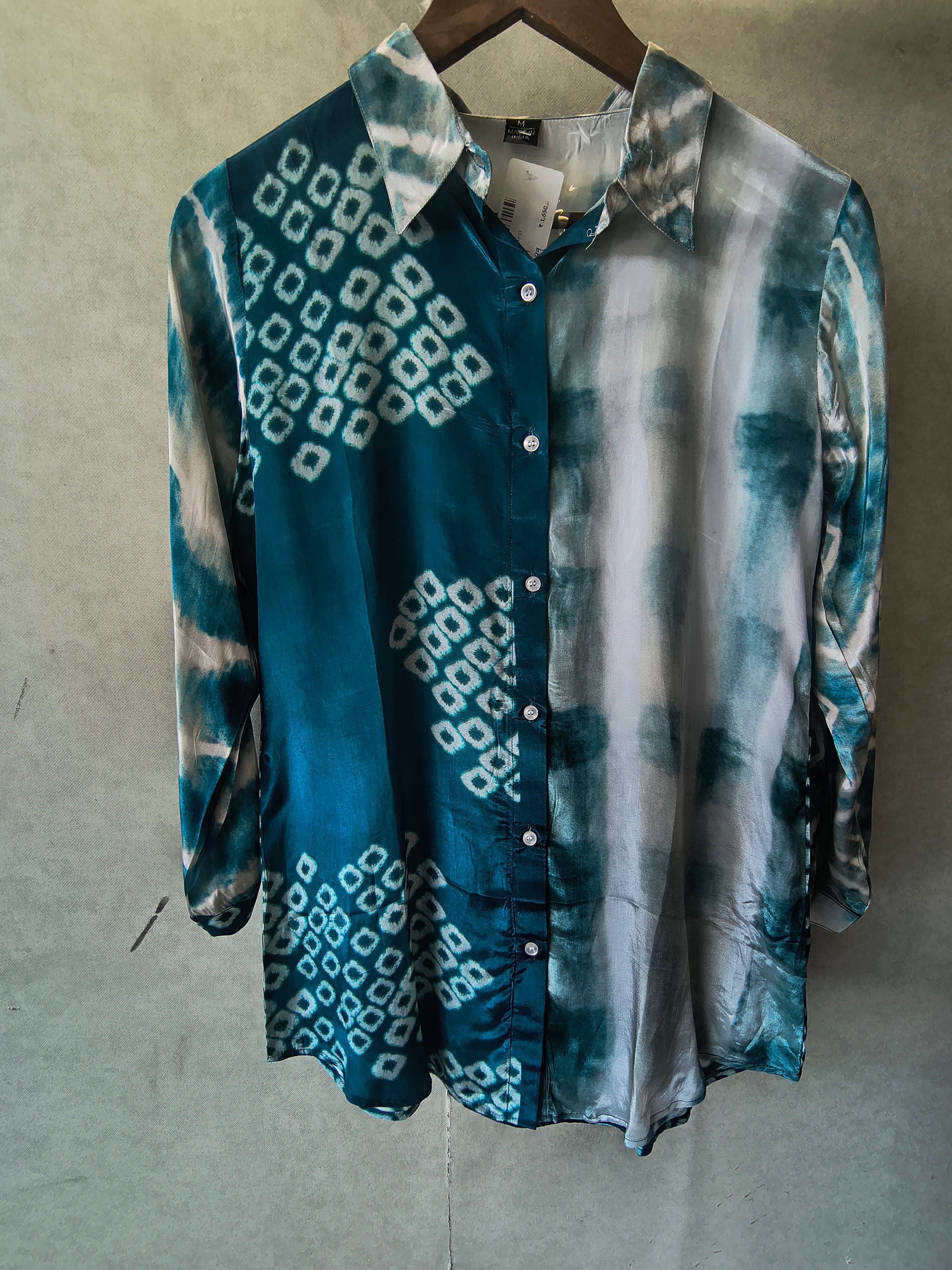 Image of Teal Shibori Print Satin Shirt Style Tunic