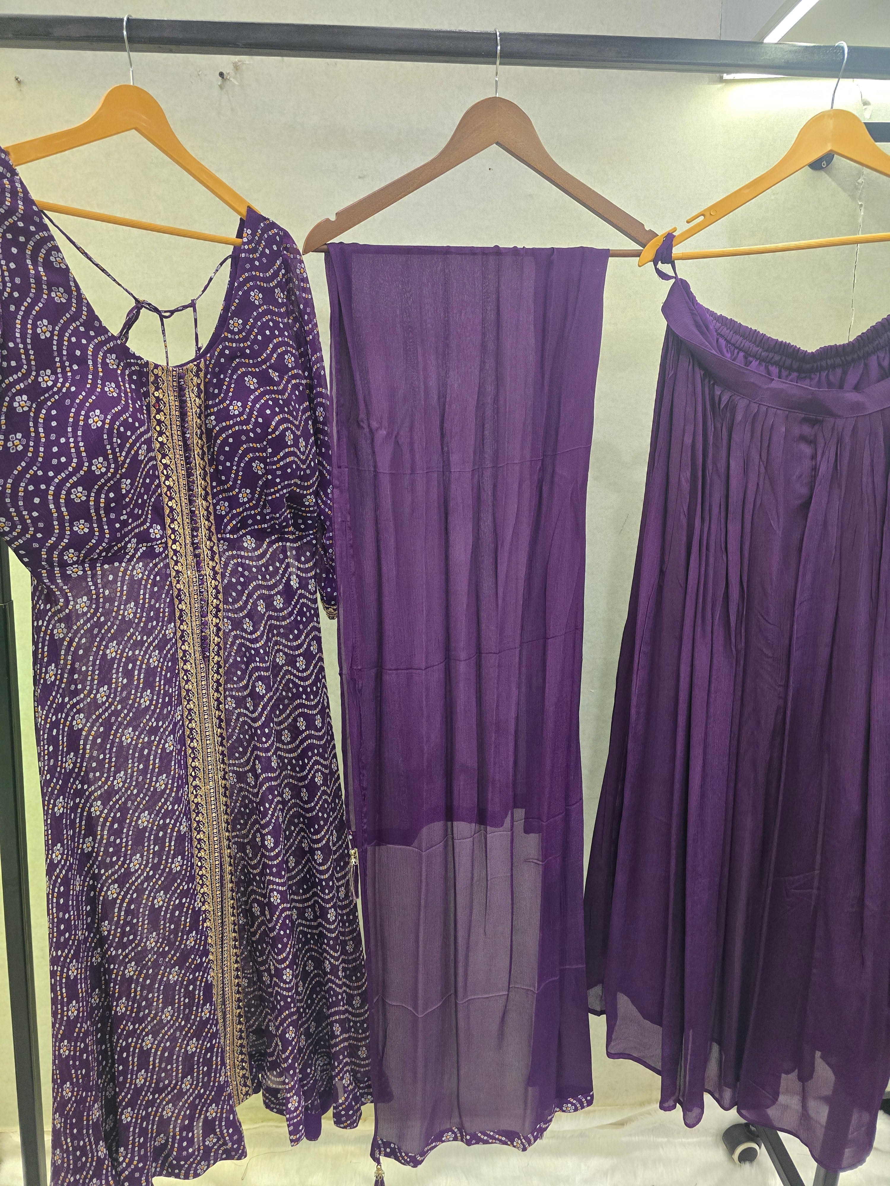 Image of Royal Purple Bandhani Print Anarkali Kurta Set with Embellished Front Panel & Flared Palazzo | Premium 3 Piece Festive Ensemble