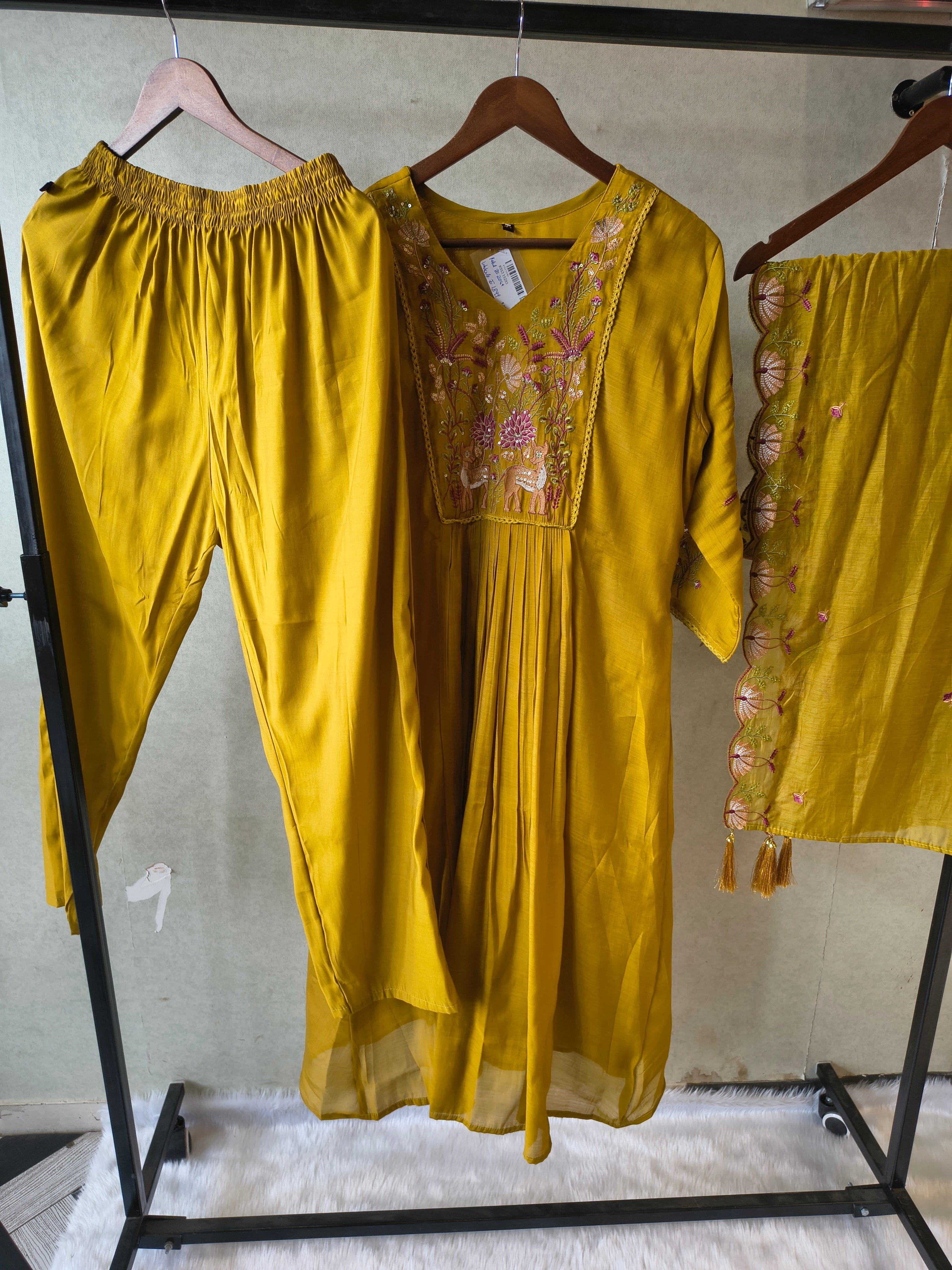 Image of Mustard Yellow Cotton Blend 3-Piece Suit Set with Floral Embroidered Yoke & Tassel Dupatta
