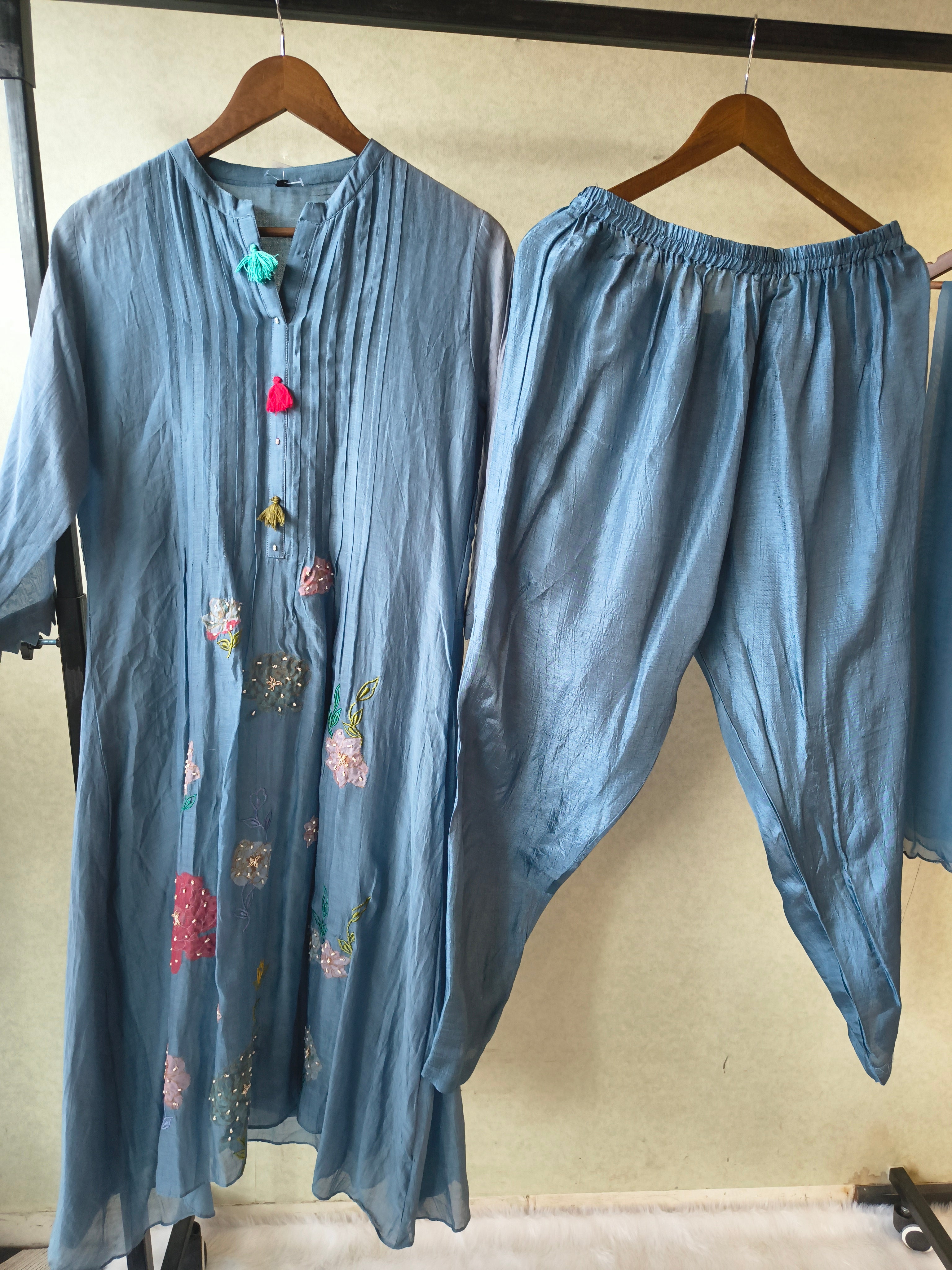 Image of Premium Steel Blue Embroidered Straight Kurta with Dhoti Pants & Embroidered Organza Dupatta Set