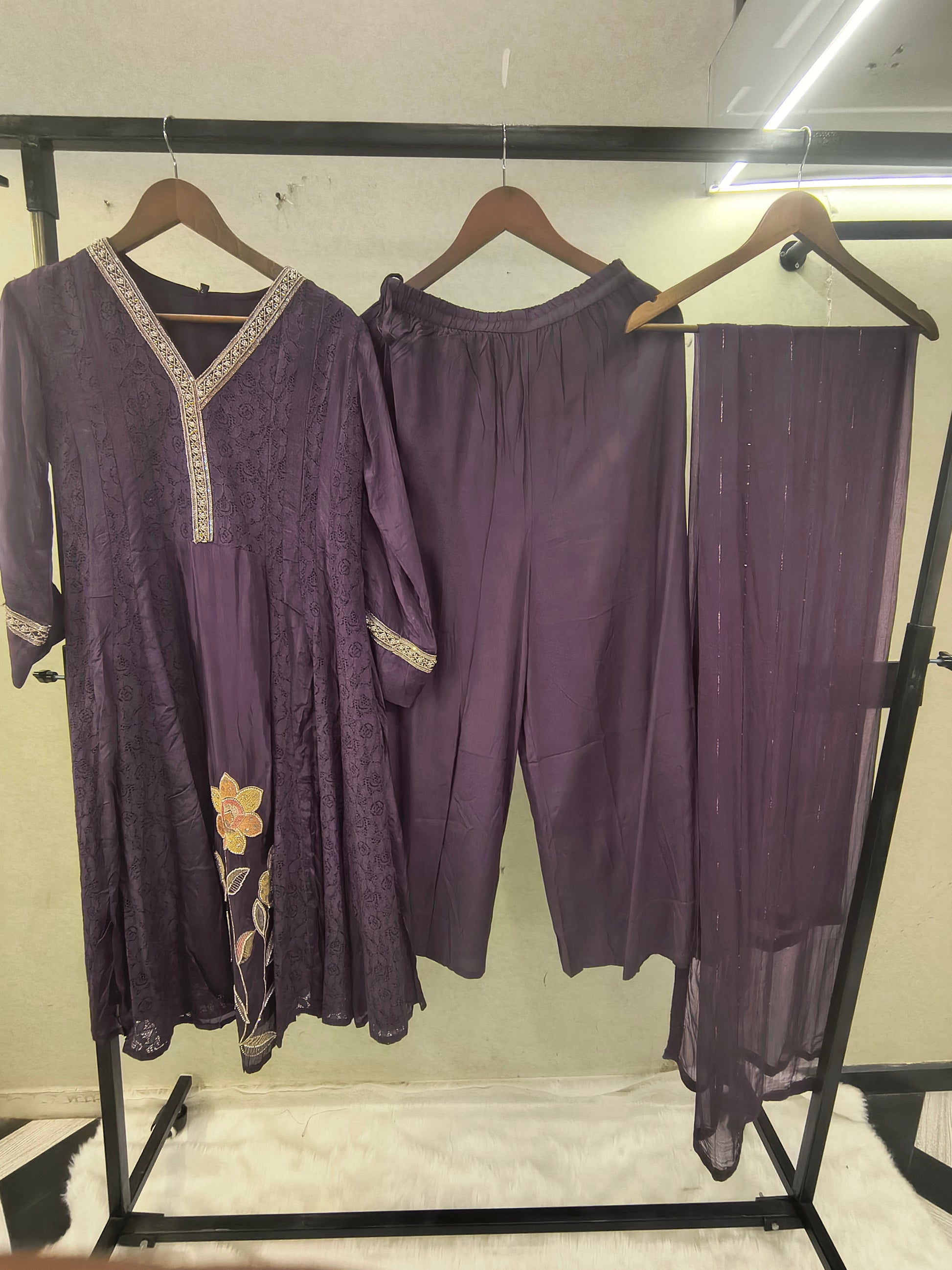 Royal Purple Designer Lace Panel Anarkali Kurta Set with Floral Embroidery & Sheer Dupatta | Premium 3 Piece Festive Ensemble