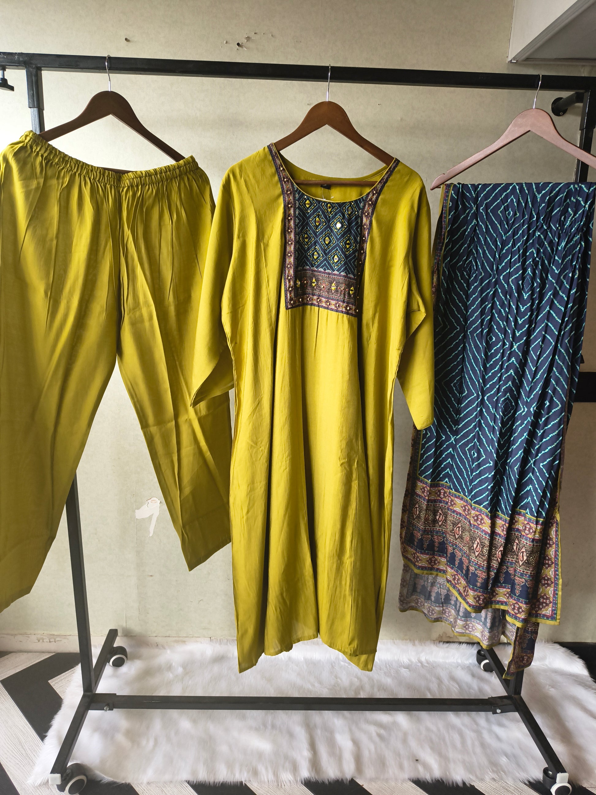 Premium Olive Green Straight Kurta Set with Designer Woven Yoke, Solid Pants & Geometric Printed Dupatta