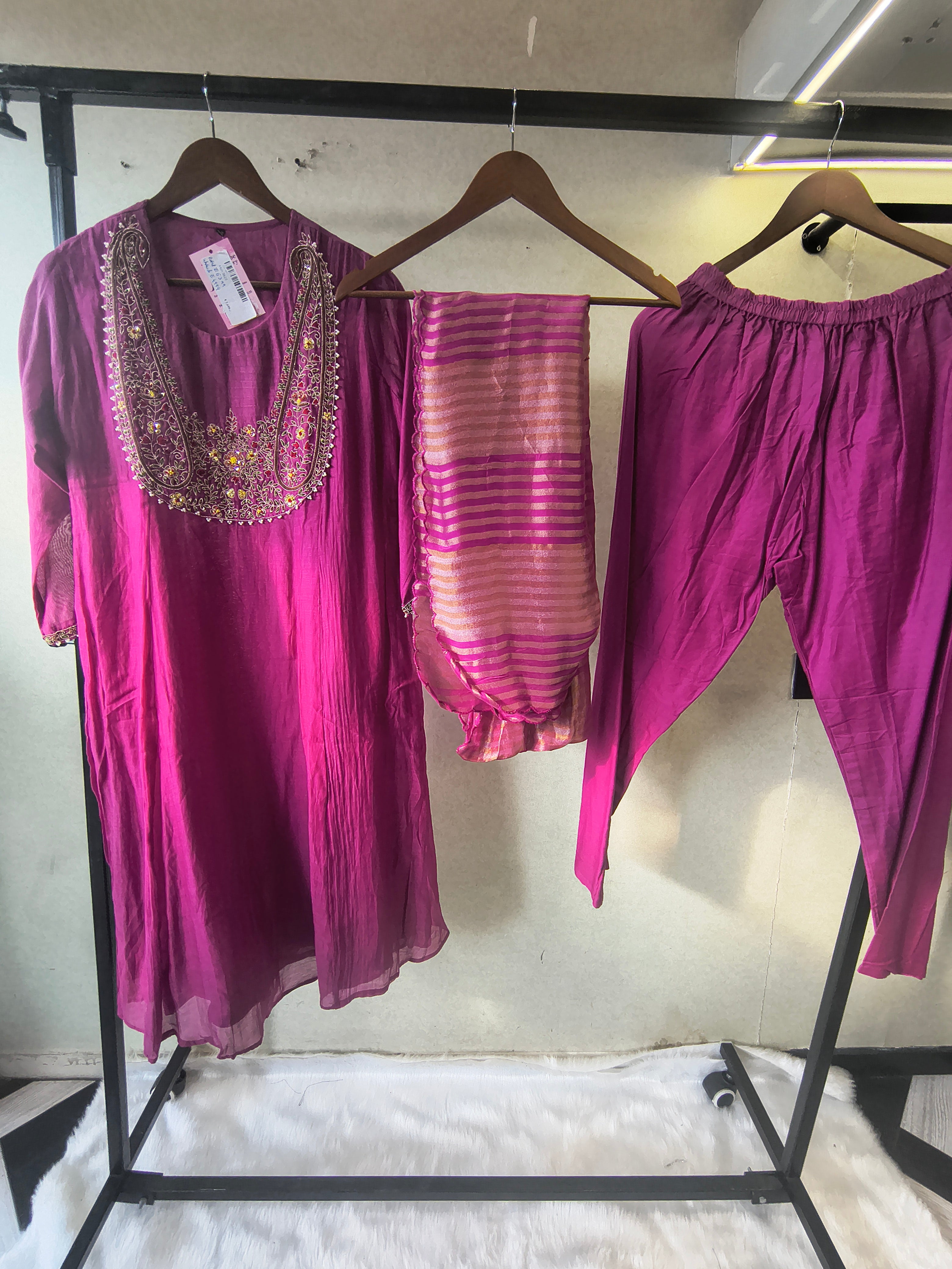 Image of Magenta Embroidered Straight Kurta Set with Heavy Handcrafted Yoke, Striped Organza Dupatta & Premium 3 Piece Ethnic Ensemble