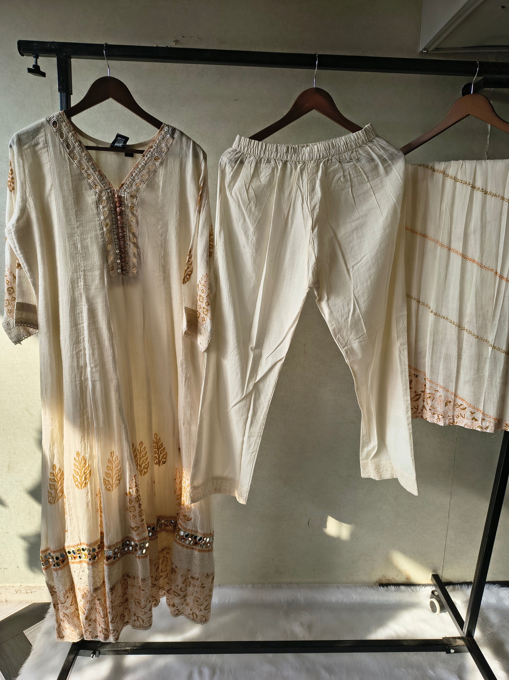 Premium Ivory Embroidered Anarkali Kurta Set with Mirror Work & Cotton Dupatta