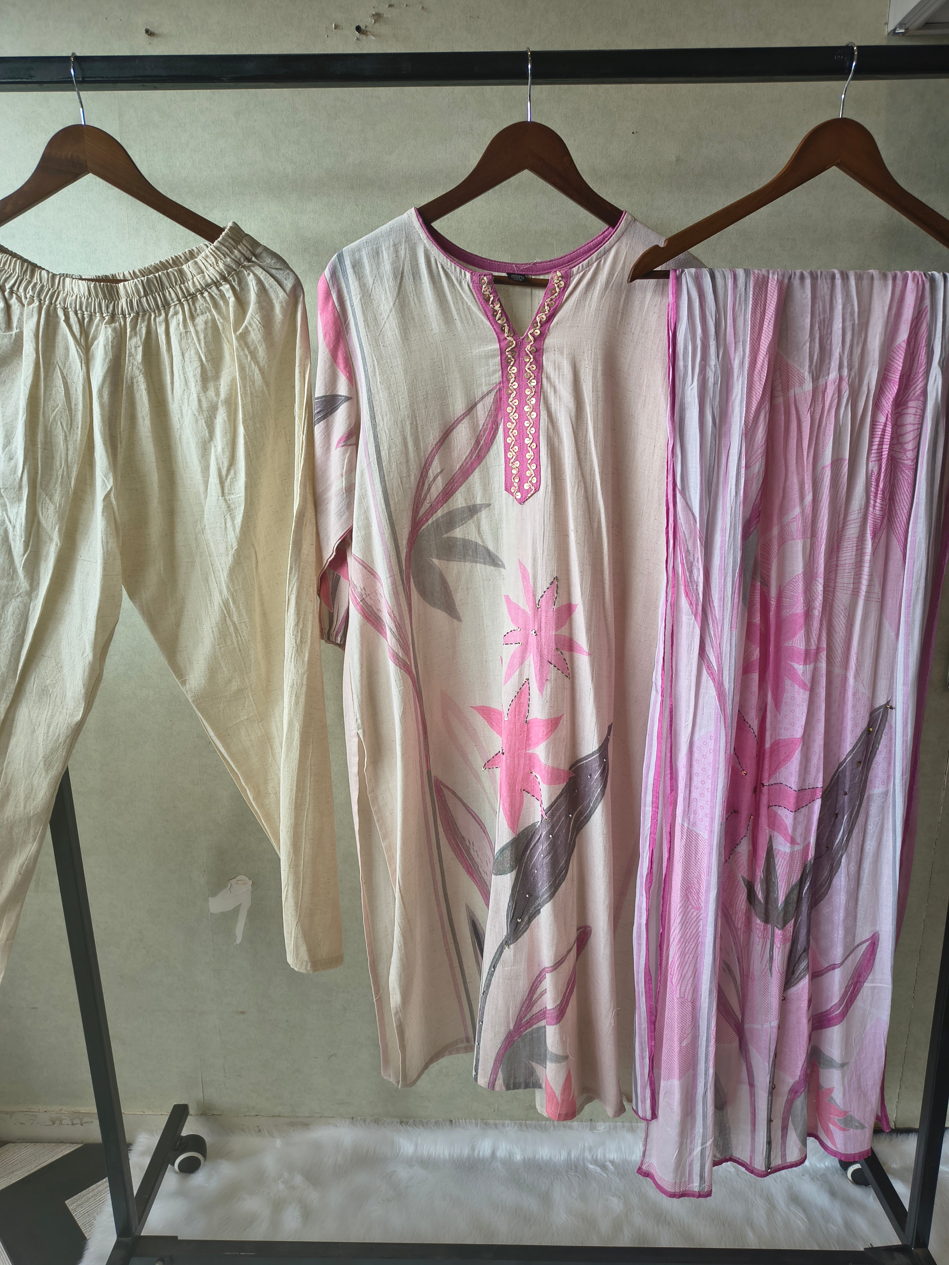 Image of Premium Blush Pink Floral Printed Straight Kurta Set with Churidar Pants & Soft Printed Dupatta