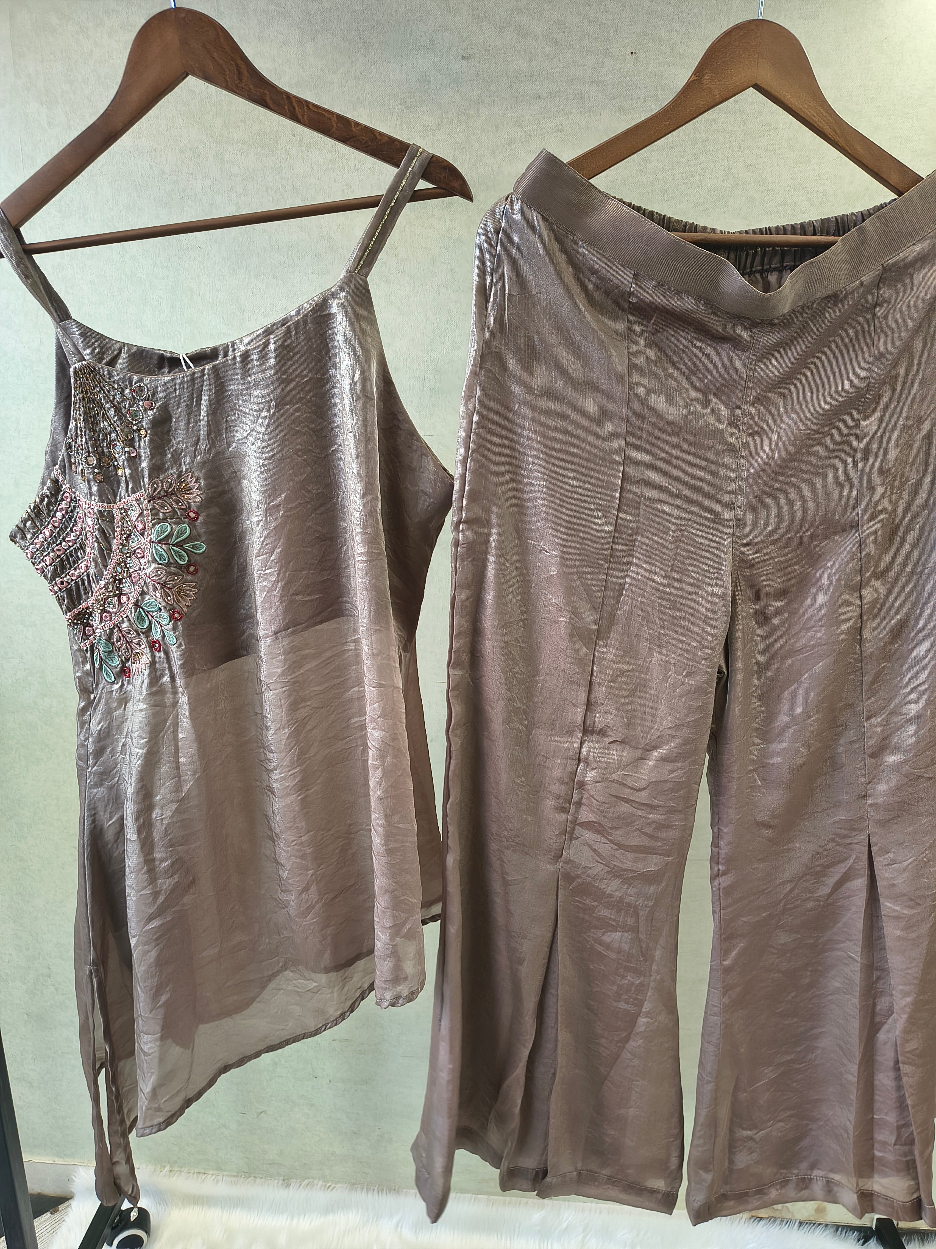 Image of Steel Grey Asymmetrical Embroidered Indo-Western Kurta Set with Straight Pants & Dupatta – 3 Piece Designer Co-Ord Set