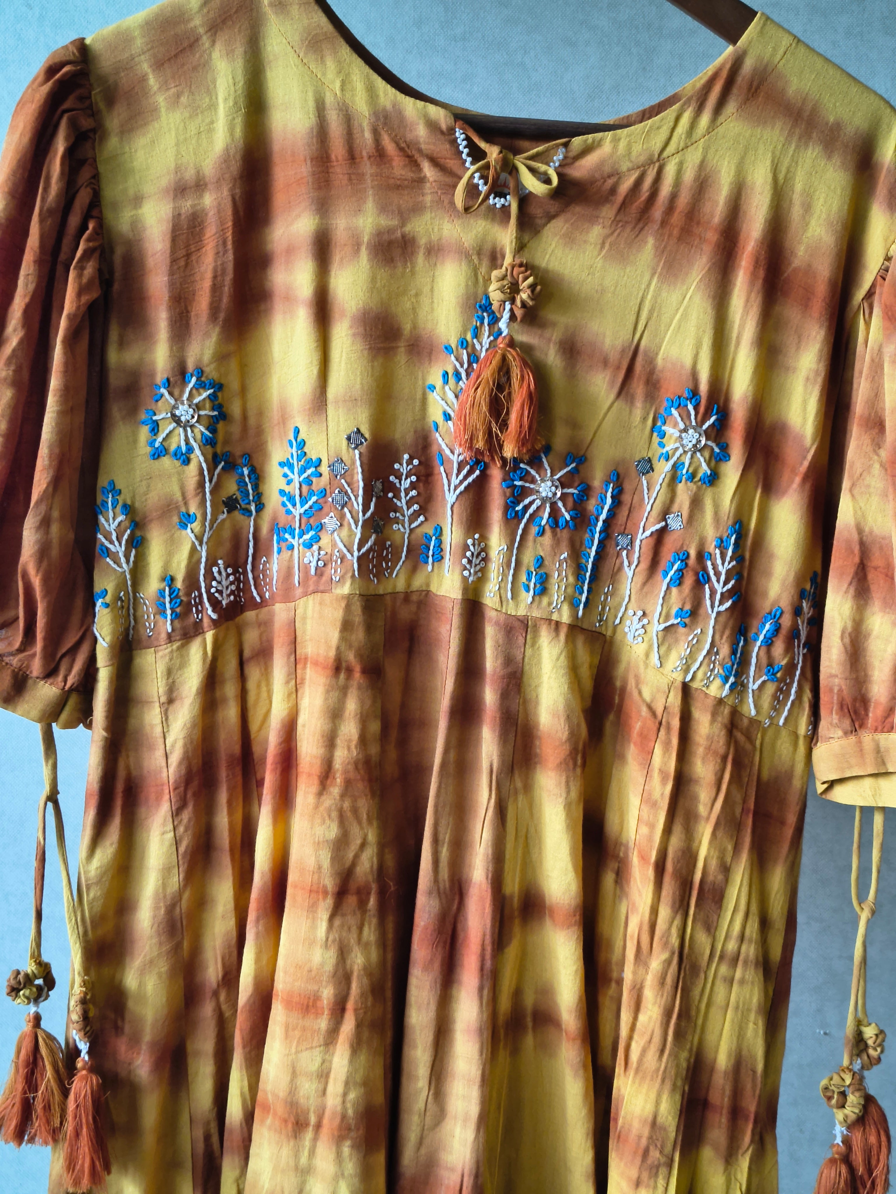 Image of Premium Mustard Tie-Dye Embroidered Cotton Flared Dress