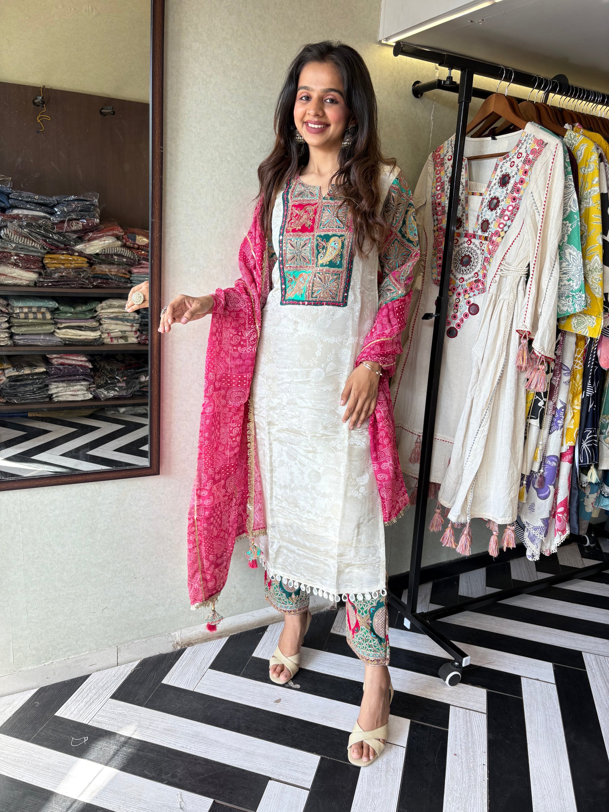 Step into elegance with this Shimmer Kurti Set - featuring weaving detail and pure hand mirror work that brings grace and glam together!