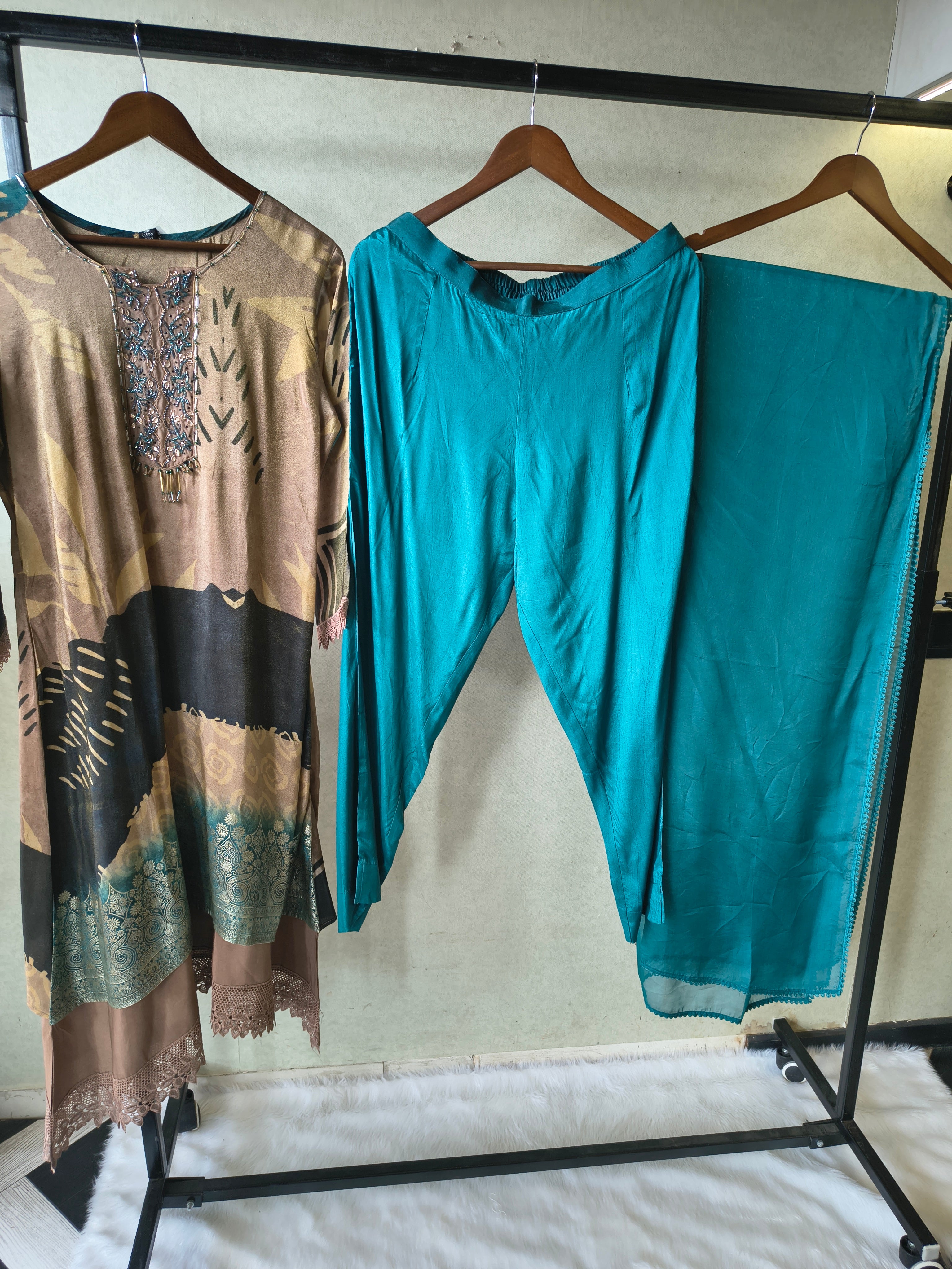 Image of Premium Abstract Print Straight Kurta with Cigarette Pants & Dupatta Set