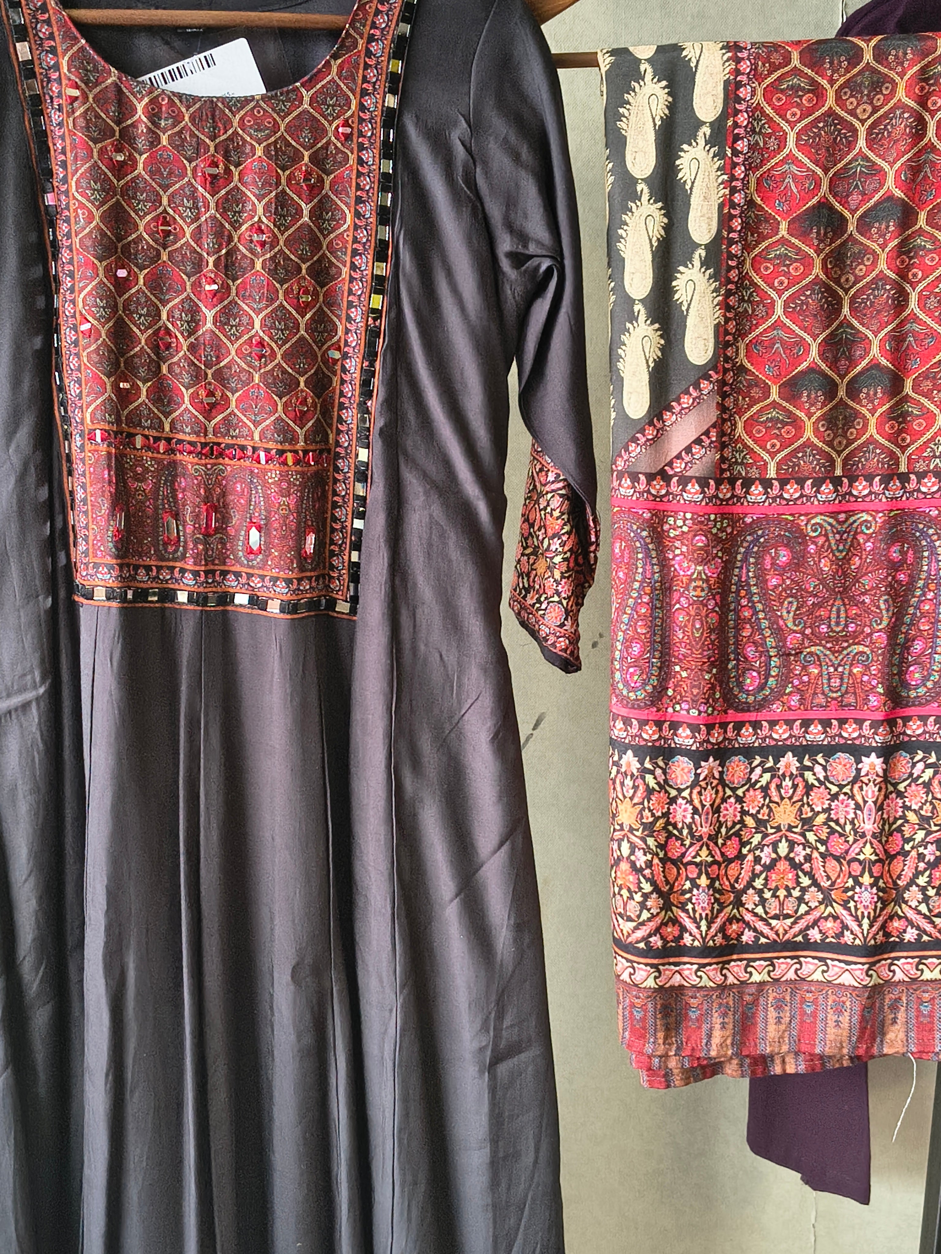 Image of Premium Black Printed Anarkali Kurta Set with Ethnic Yoke, Solid Pants & Designer Dupatta