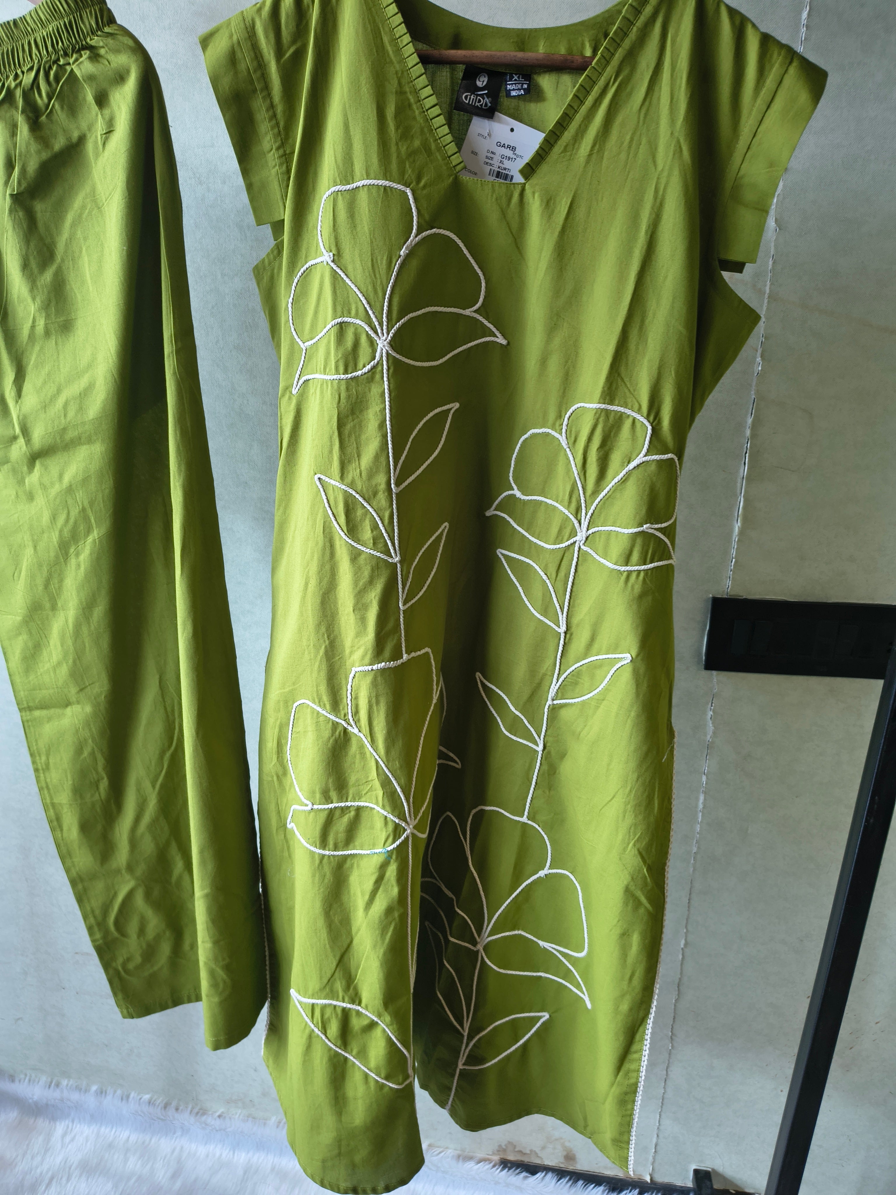 Image of Olive Green Cotton Co-Ord Set with Abstract Floral Cord Embroidery