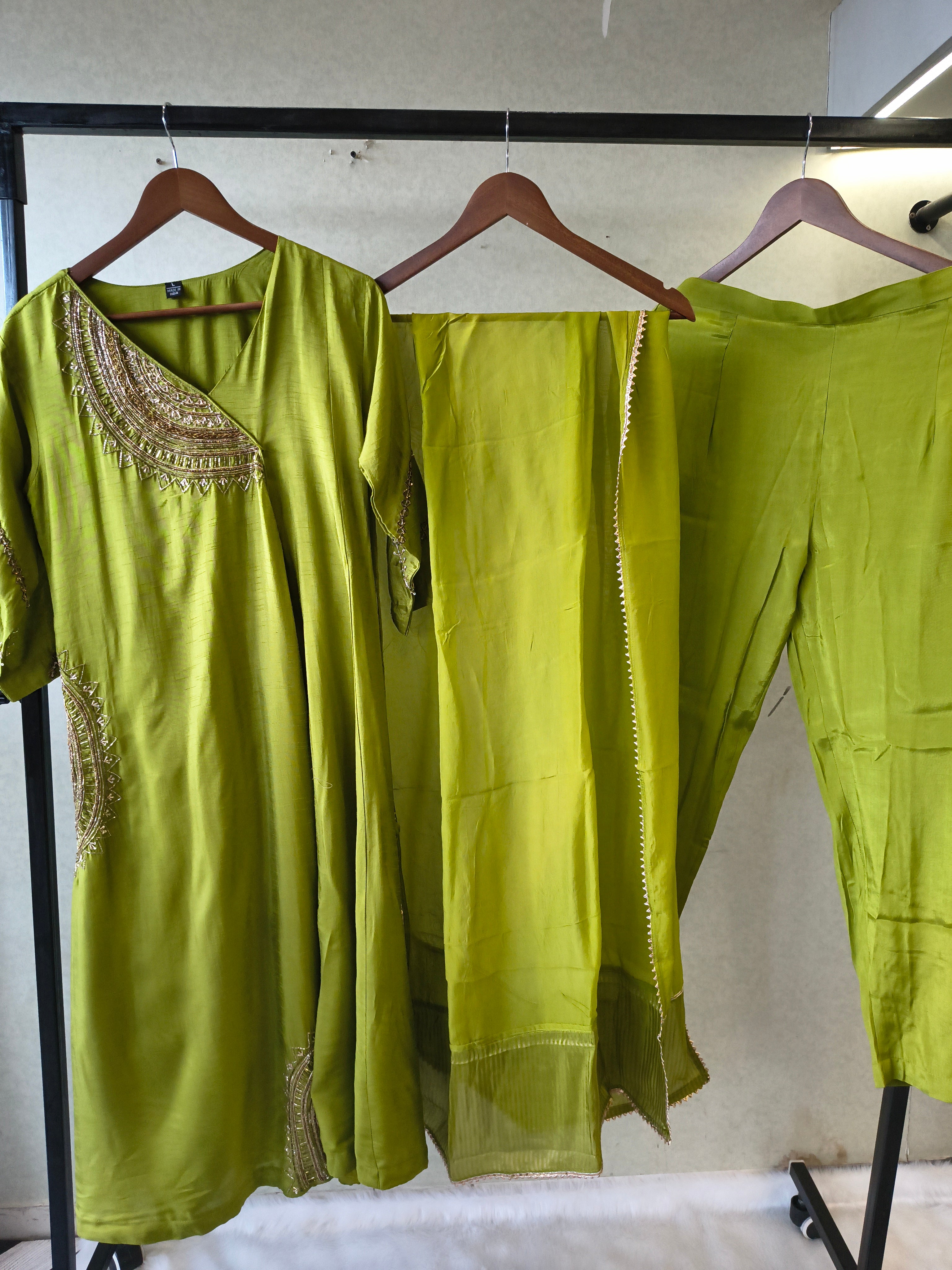 Image of Lime Green Hand-Embroidered Designer Kurta Set with Organza Dupatta | Premium 3 Piece Ethnic Suit