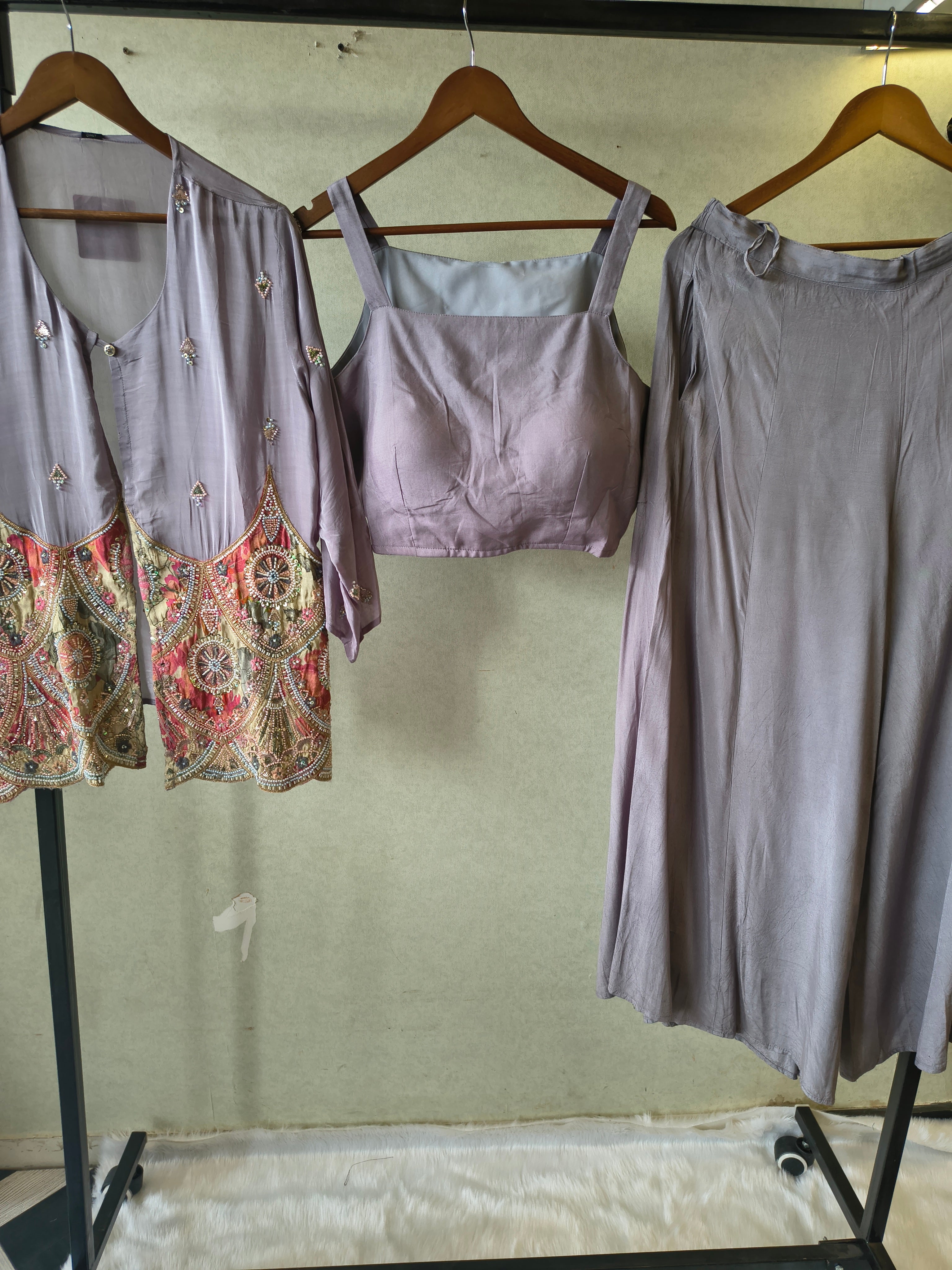 Image of Dusty Mauve Tissue Silk Embroidered Peplum Jacket with Bustier & Flared Palazzo – 3 Piece Designer Indo-Western Set