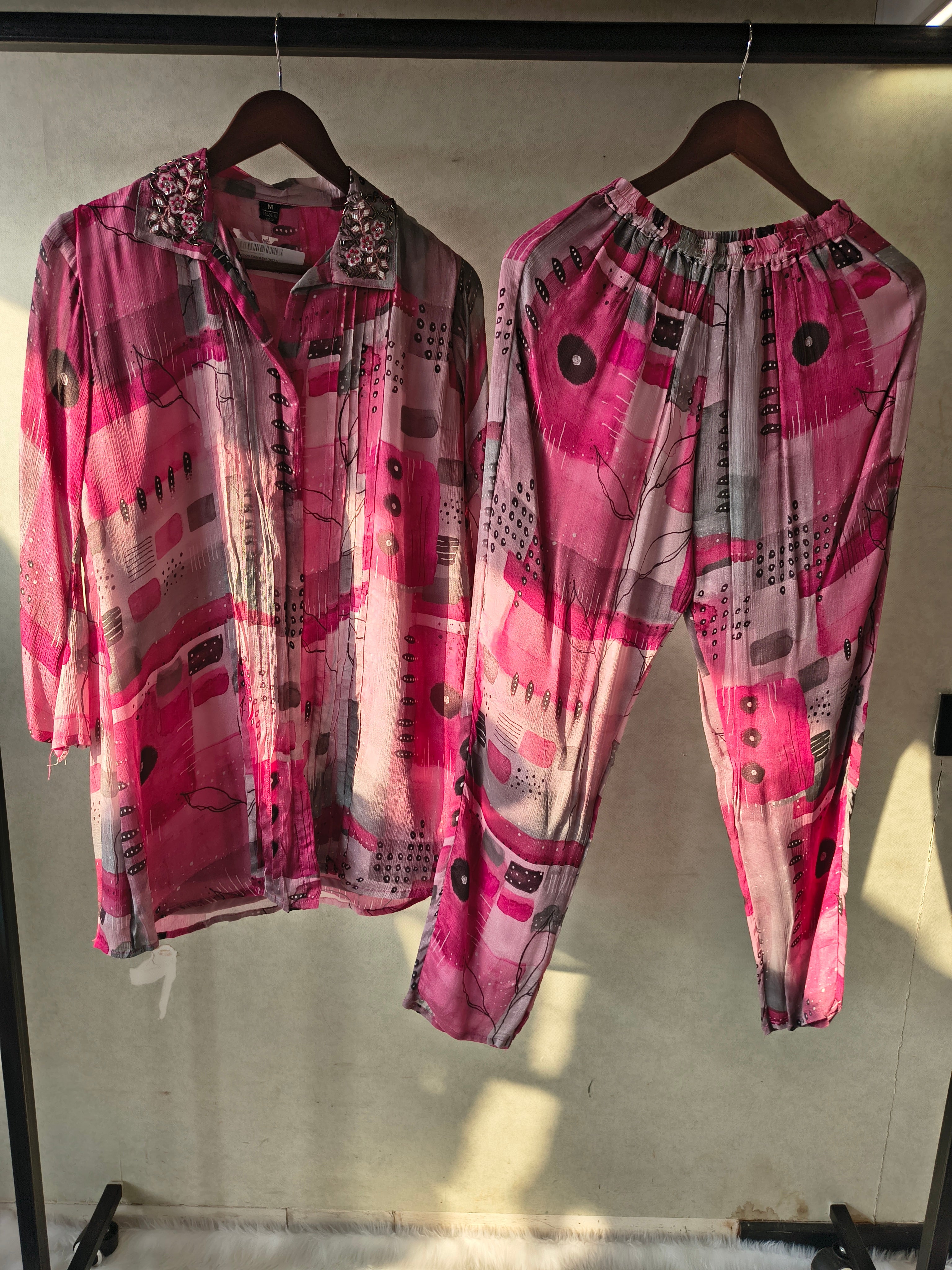 Image of Premium Embellished Abstract Printed Oversized Shirt Co-Ord Set with Tapered Pants