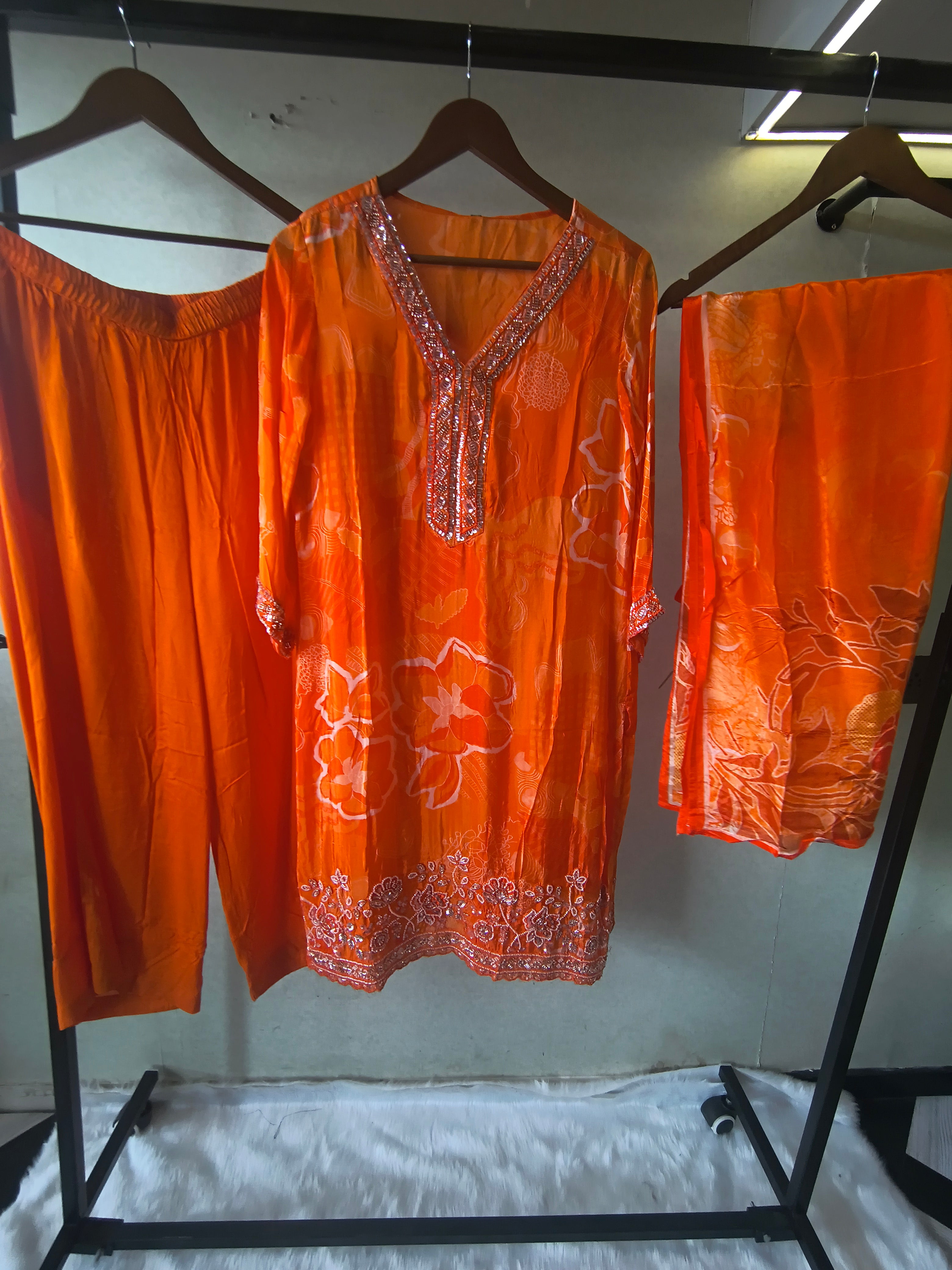 Image of Burnt Orange Printed Silk Blend Kurta Set with Embellished Neckline & Floral Border – Premium 3 Piece Ethnic Ensemble