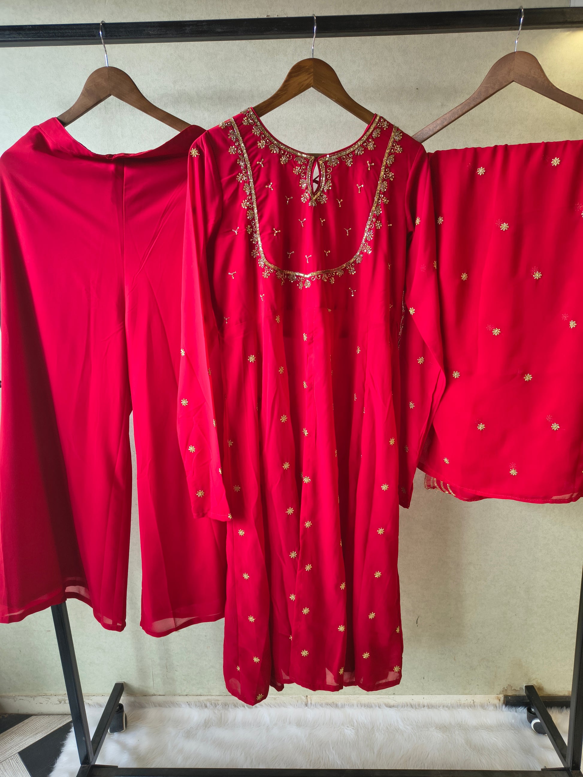Premium Ruby Red Embroidered Kurta with Sharara & Embellished Dupatta Set