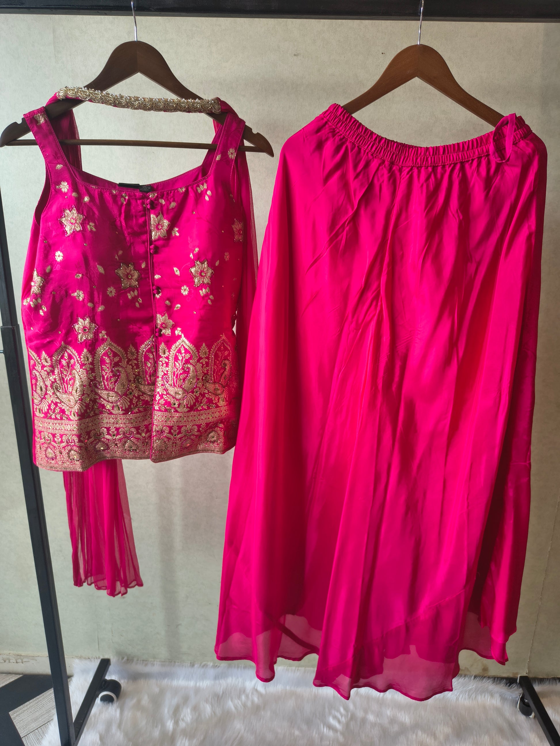 Premium Rani Pink Satin Silk 3-Piece Lehenga Set with Heavy Zari Embroidered Blouse & Dupatta