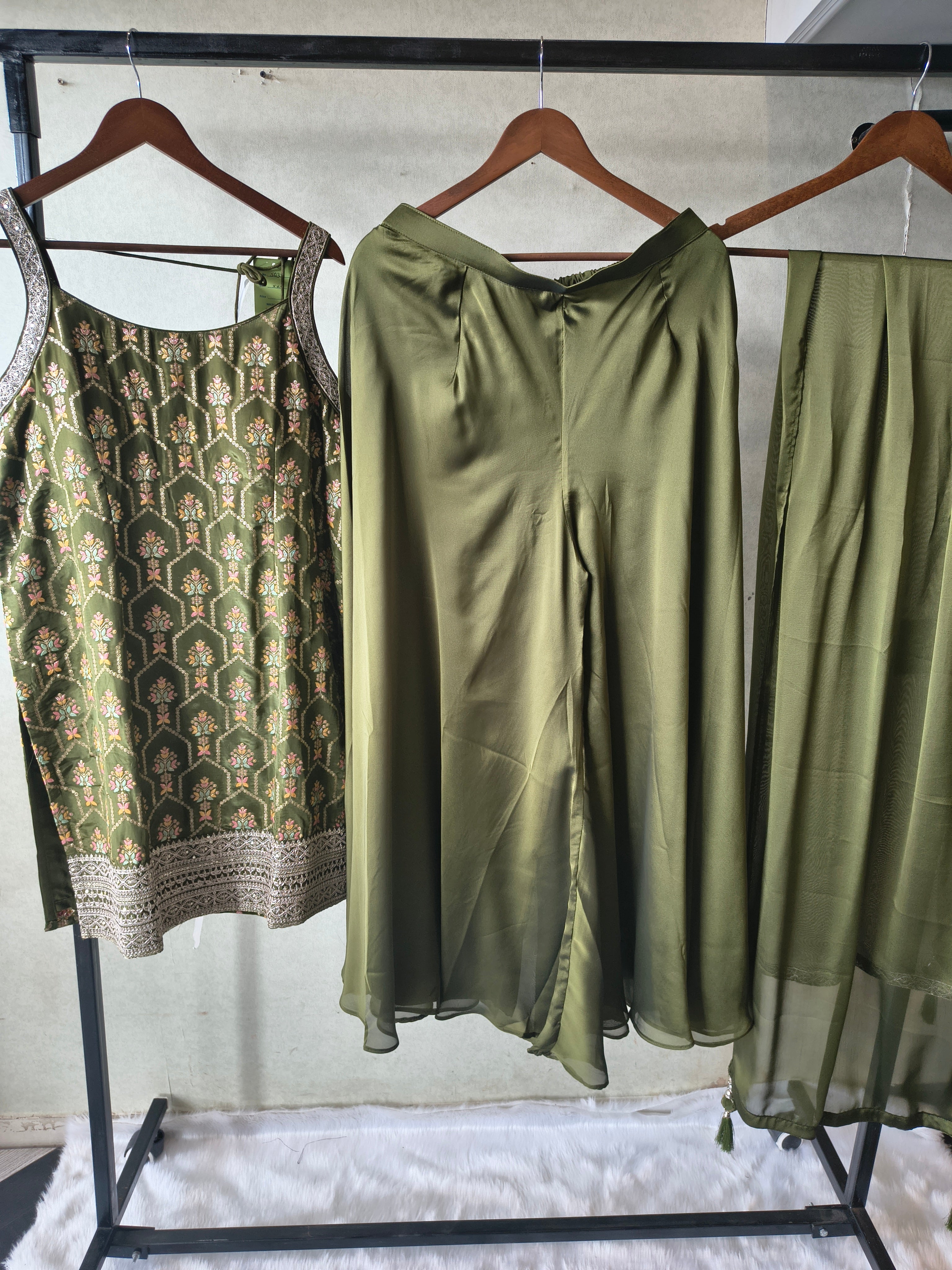 Image of Olive Green Printed Sharara Set with Embroidered Border & Dupatta – Premium 3 Piece Festive Ensemble