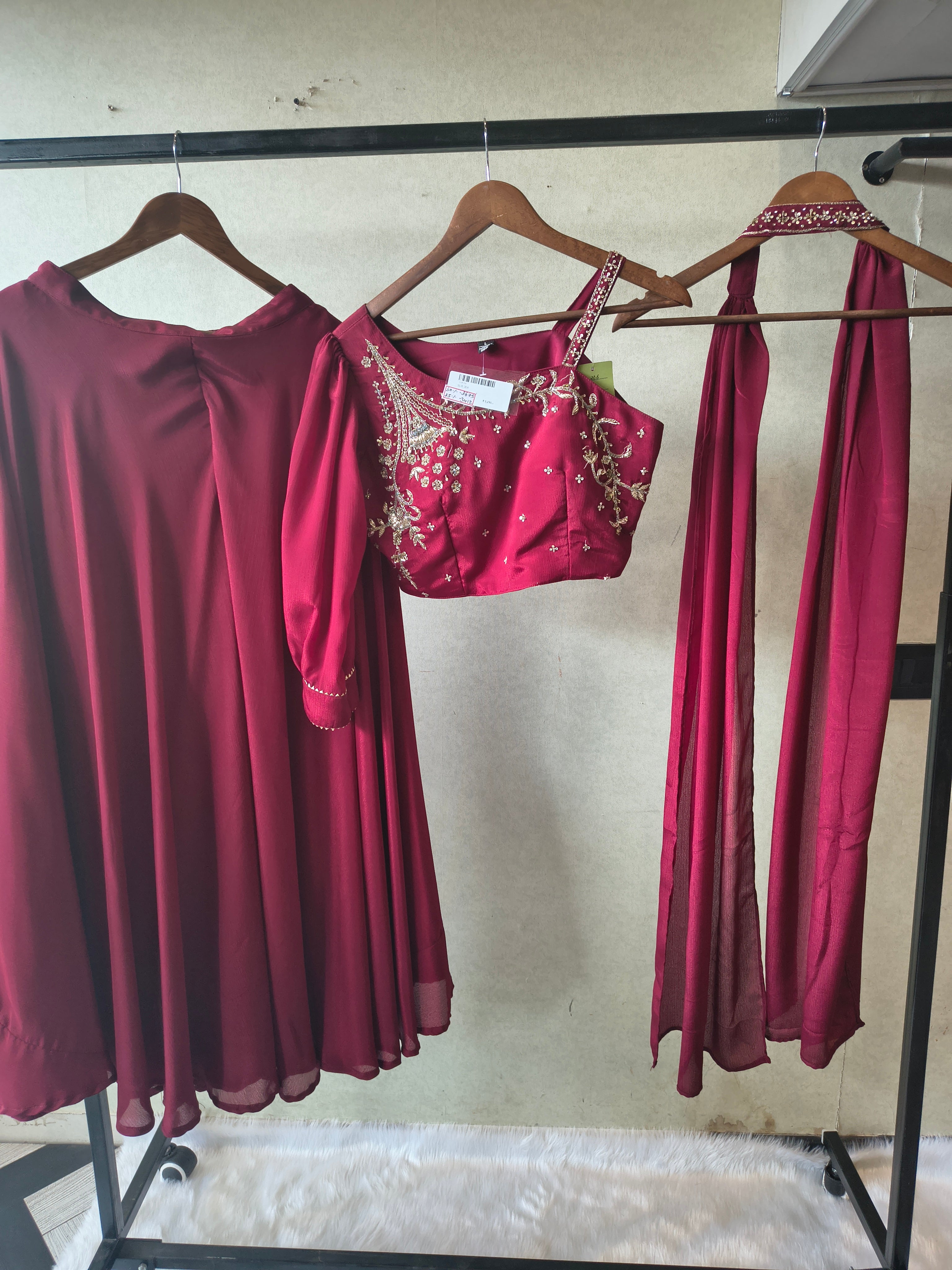 Image of Premium Wine Satin Silk 3-Piece Lehenga Set with Hand Embroidered One-Shoulder Blouse & Dupatta