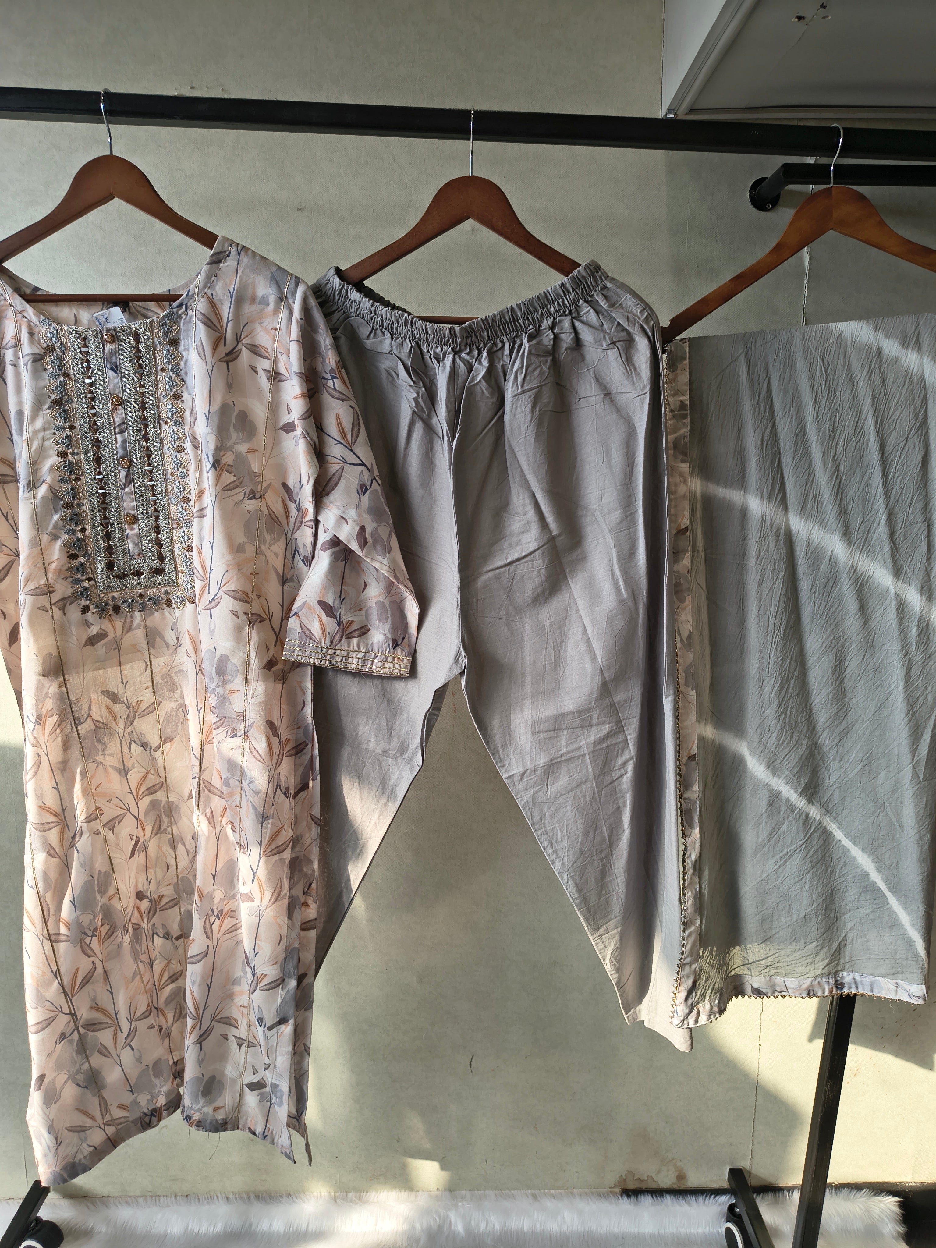 Image of Premium Pastel Floral Printed Kurta Set with Embellished Yoke & Chiffon Dupatta