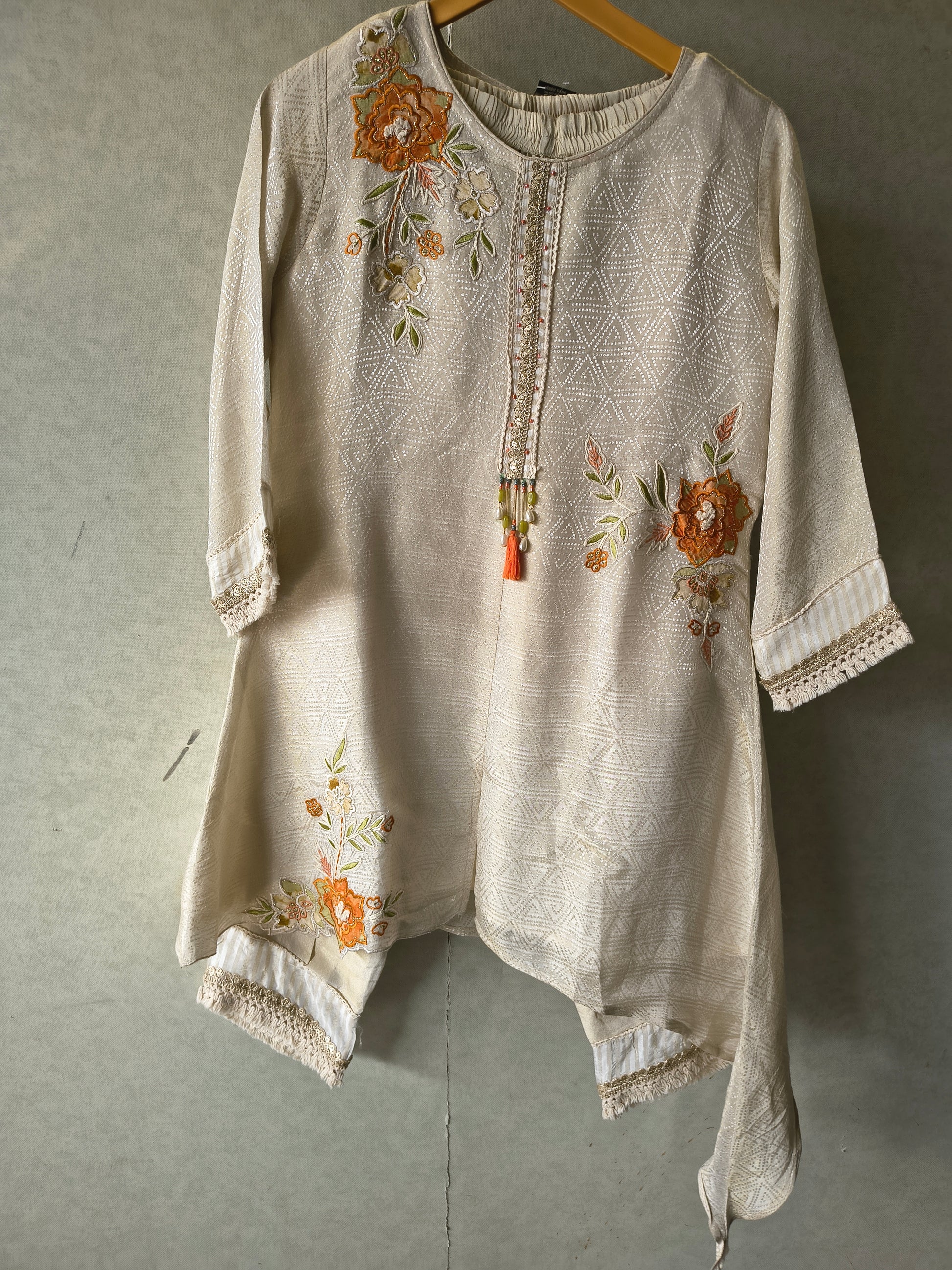 Ivory Floral Embroidered Premium Asymmetrical Kurta Pant Co-Ord Set