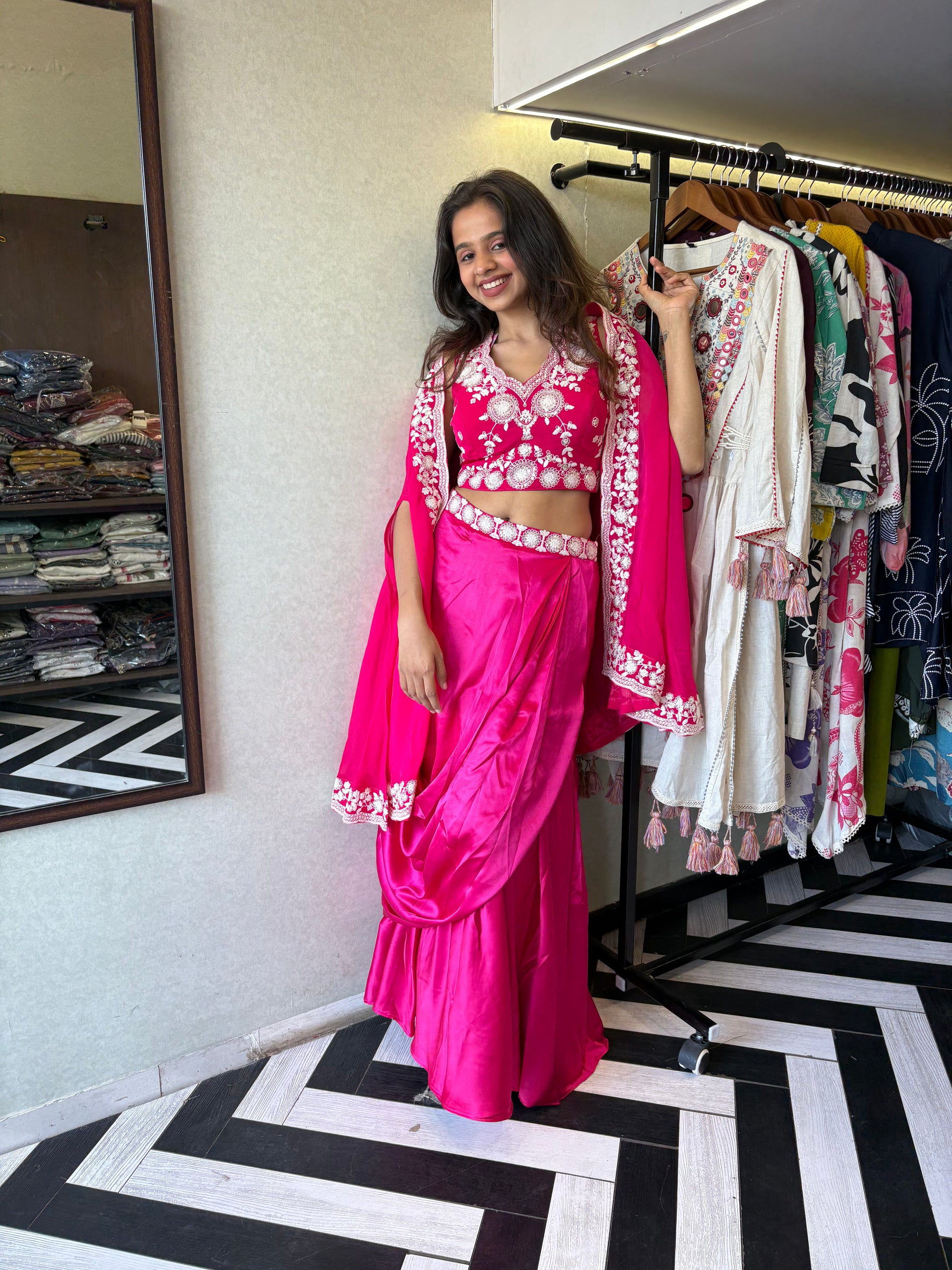 Pure crepe 3-piece Indo-Western beauty, featuring stunning hand embroidery and a drape-style silhouette that turns every occasion into a fashion moment.