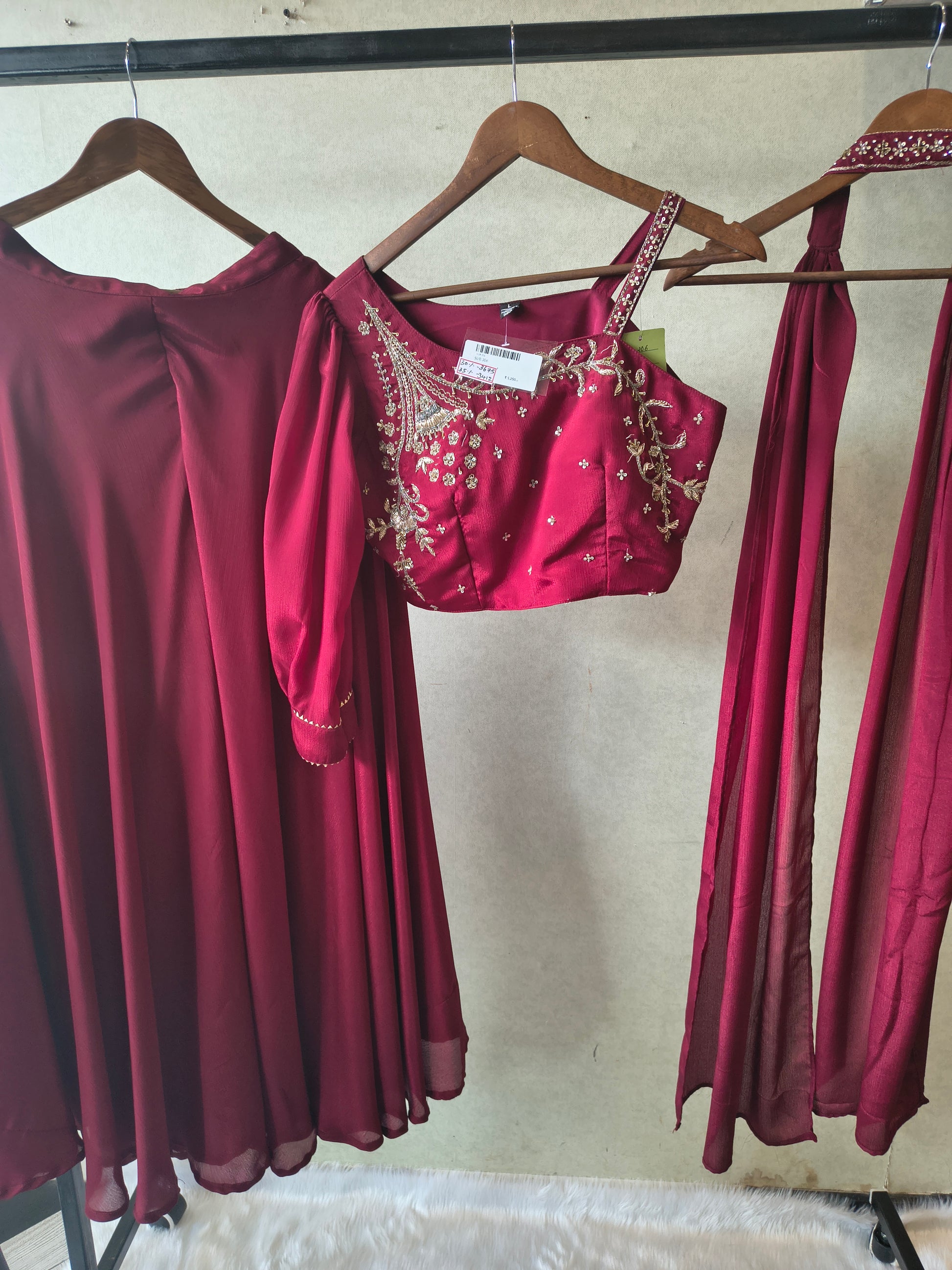 Premium Wine Satin Silk 3-Piece Lehenga Set with Hand Embroidered One-Shoulder Blouse & Dupatta