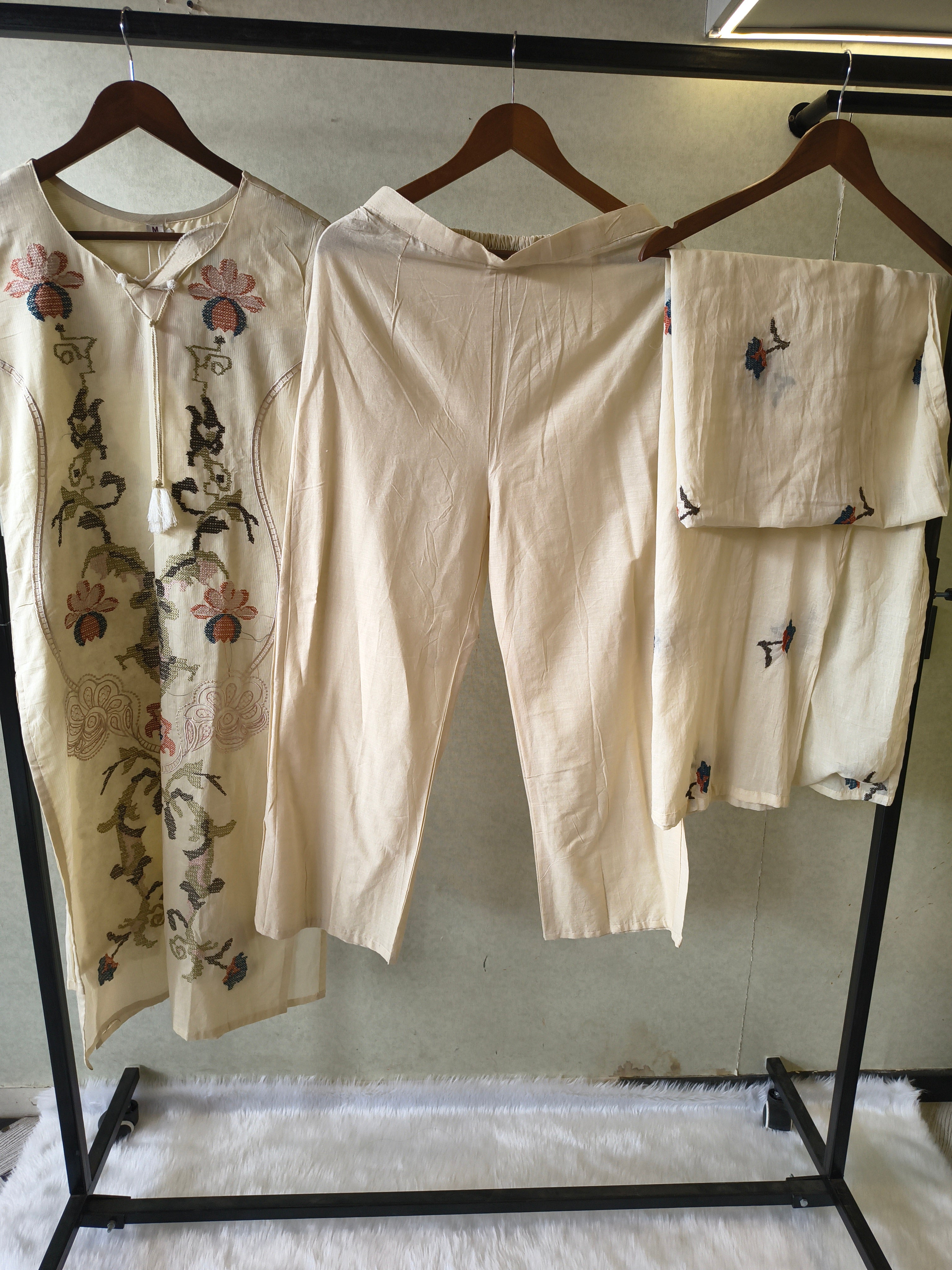 Image of Ivory Cotton 3-Piece Suit Set with Floral Vine Embroidery & Embroidered Dupatta