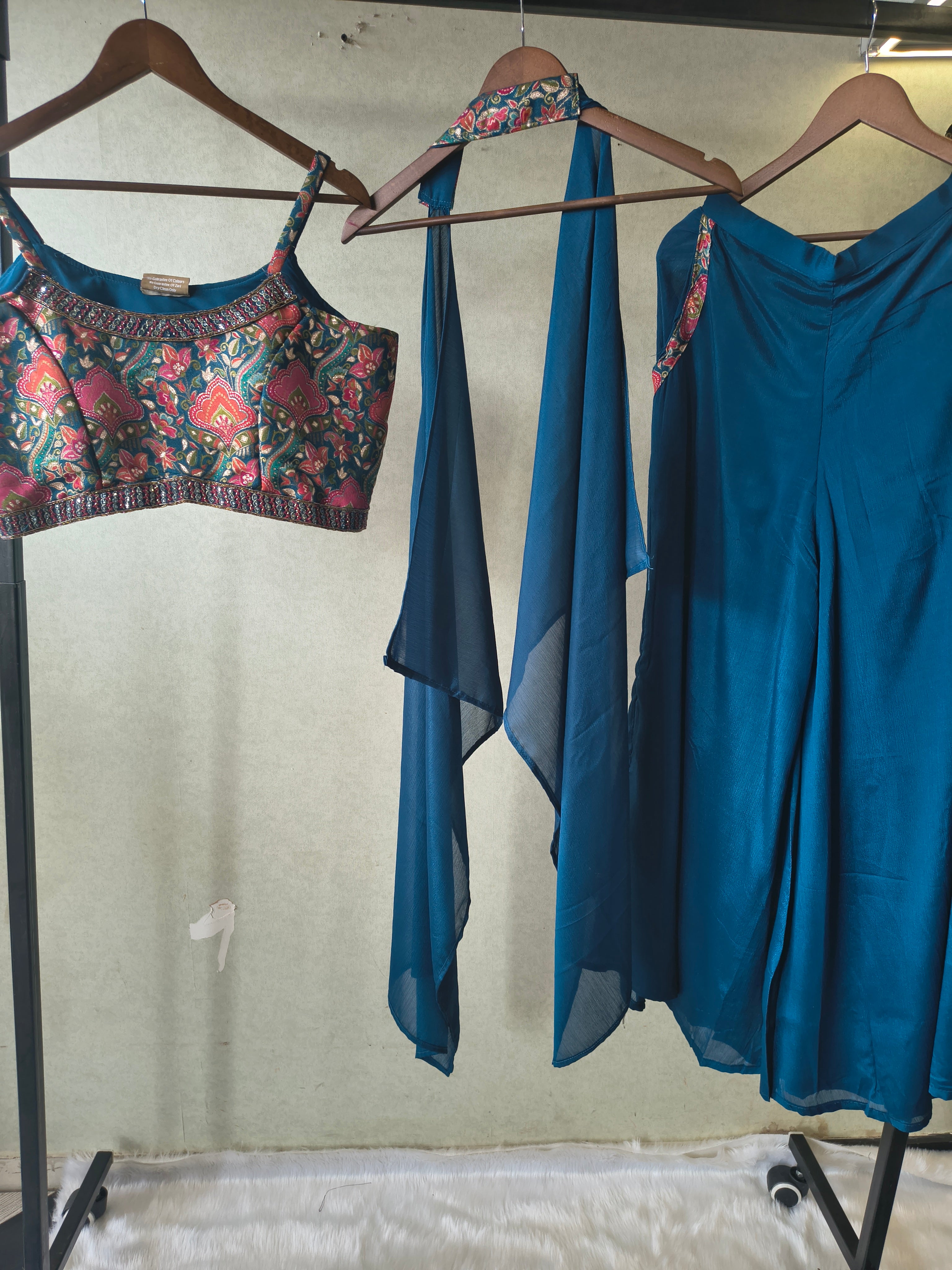Image of Teal Printed Designer Blouse with Drape Palazzo & Cape – 3 Piece Indo-Western Fusion Party Wear Set