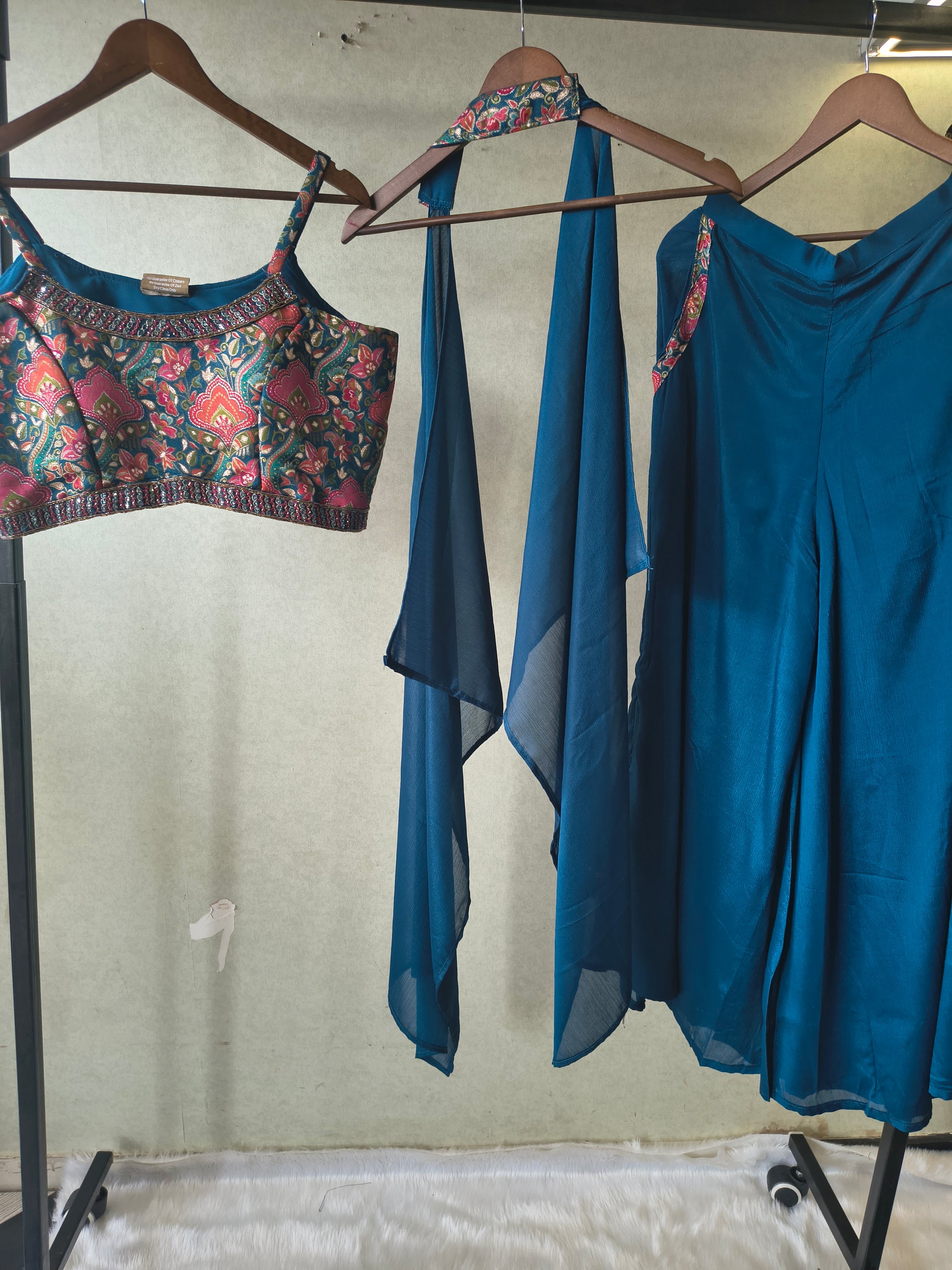 Teal Printed Designer Blouse with Drape Palazzo & Cape – 3 Piece Indo-Western Fusion Party Wear Set