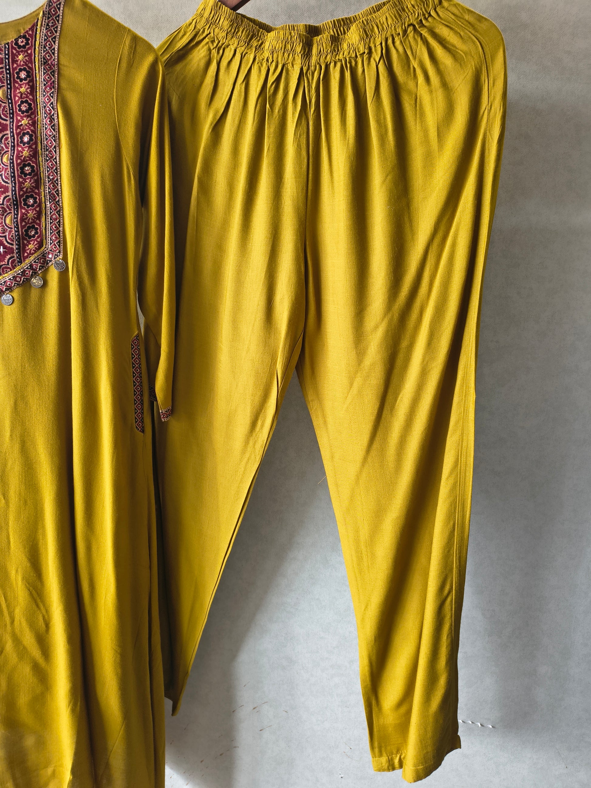 Premium Mustard Ethnic Printed Yoke Kurta Pant Co-Ord Set with Tassel Hem