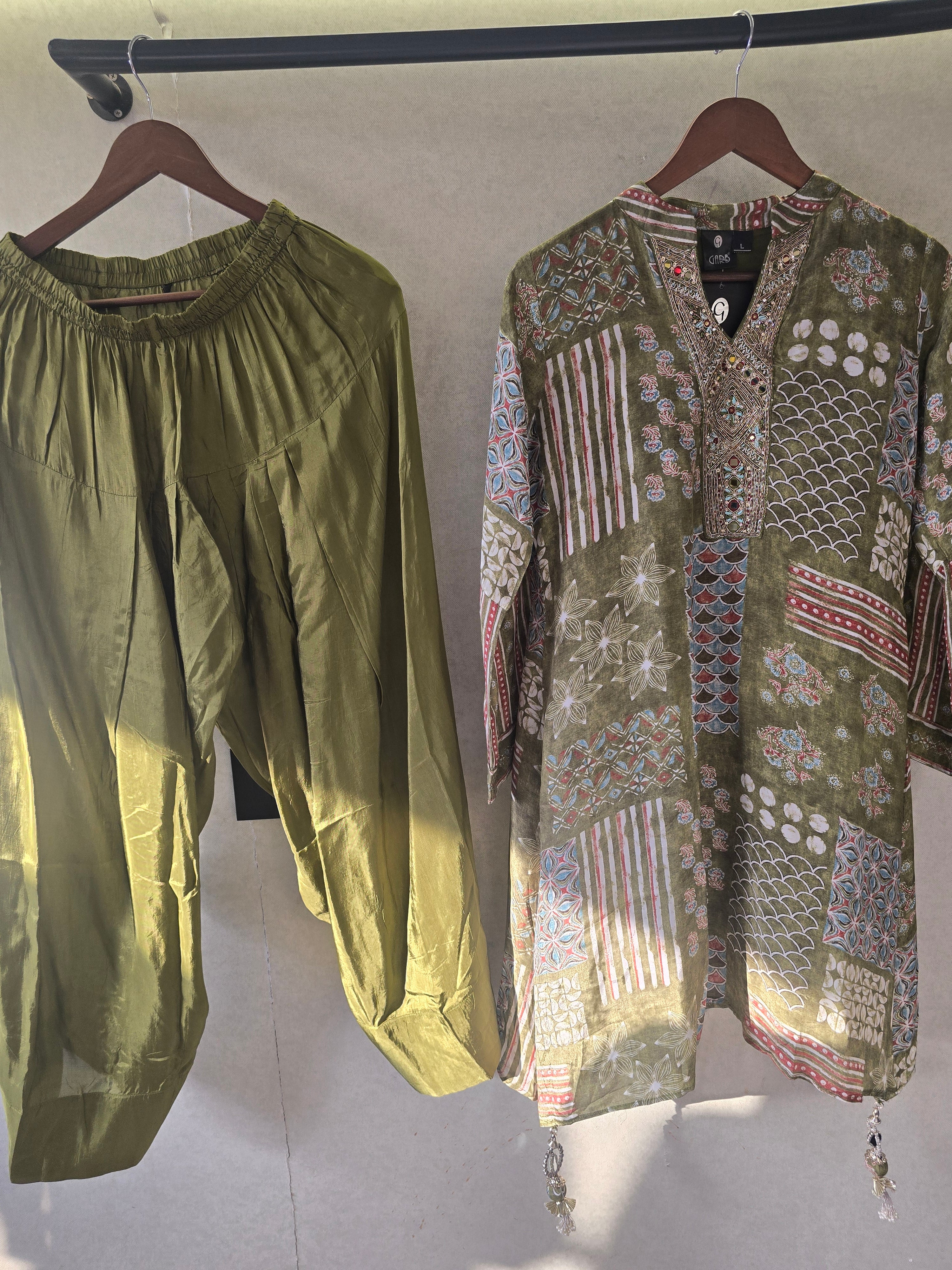 Image of Olive Patchwork Print Embroidered Co-Ord Set