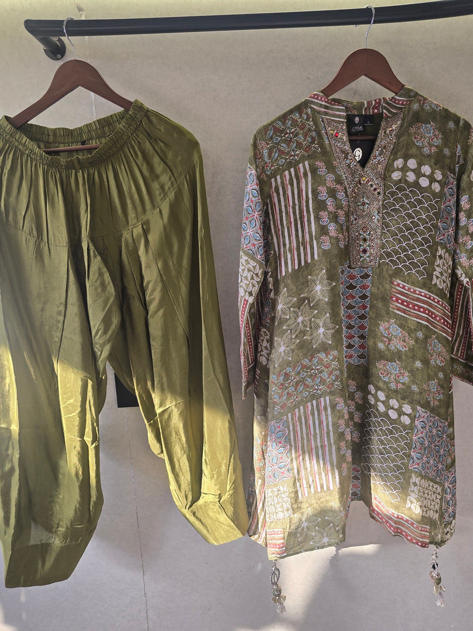 Olive Patchwork Print Embroidered Co-Ord Set