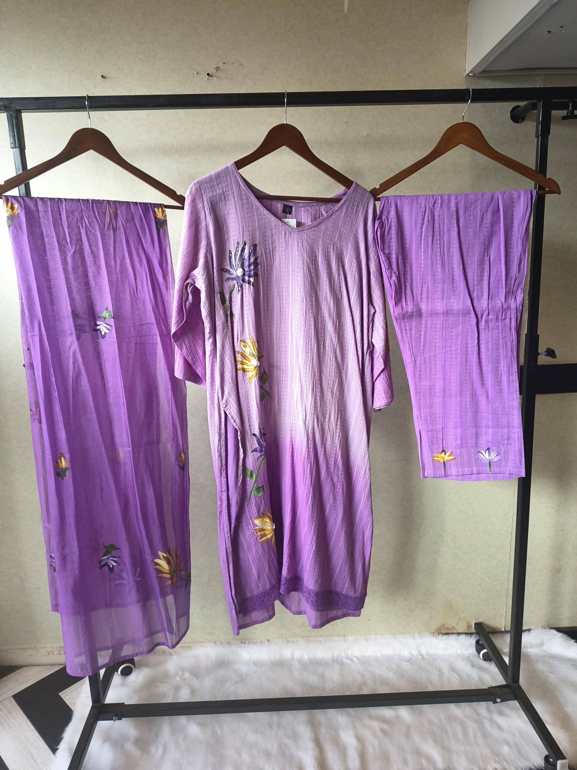 Premium Lavender Embroidered Straight Kurta Set with Floral Dupatta & Straight Pants