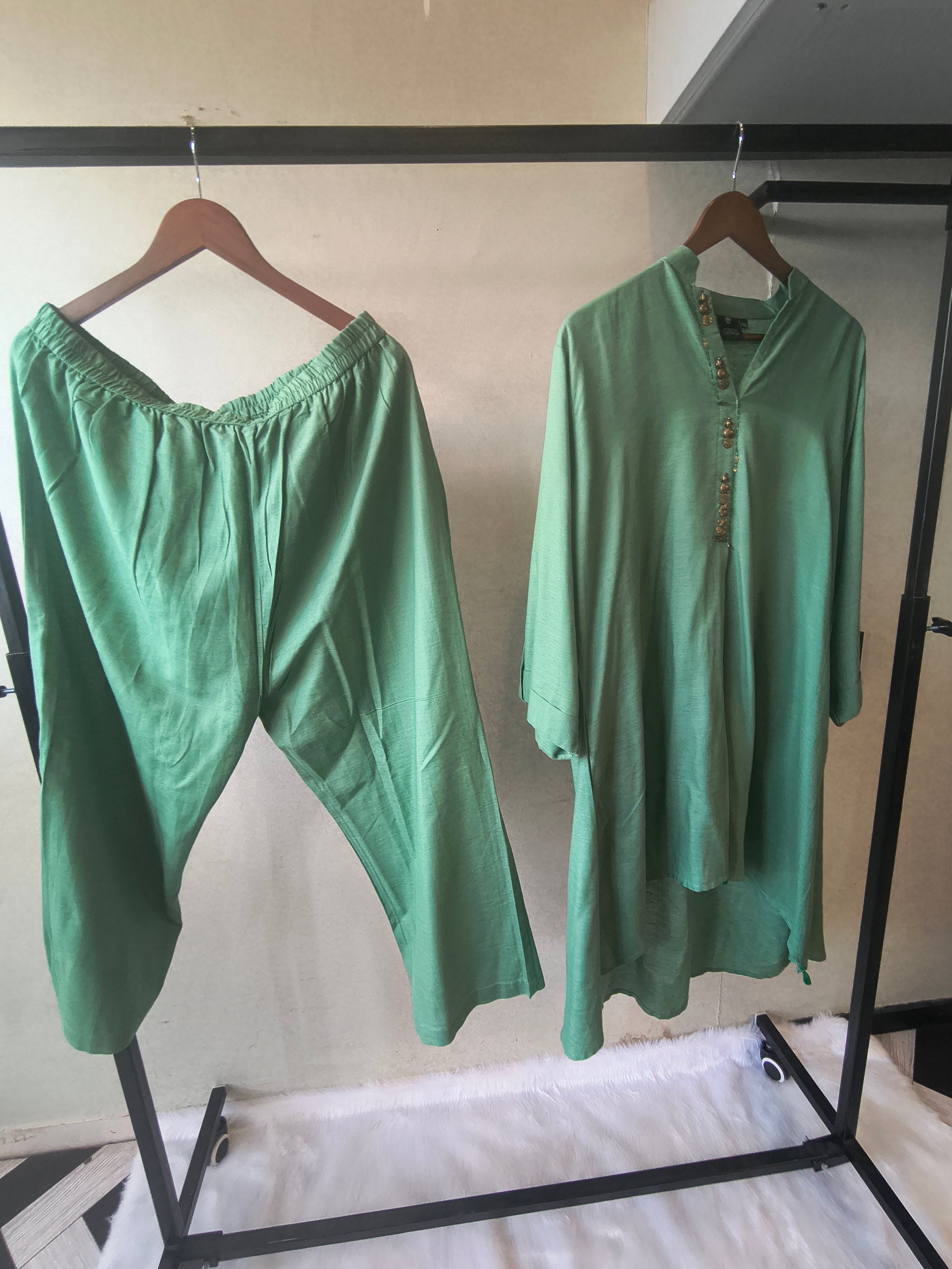Premium Sage Green Designer Co-Ord Kurta Set with Antique Button Detailing