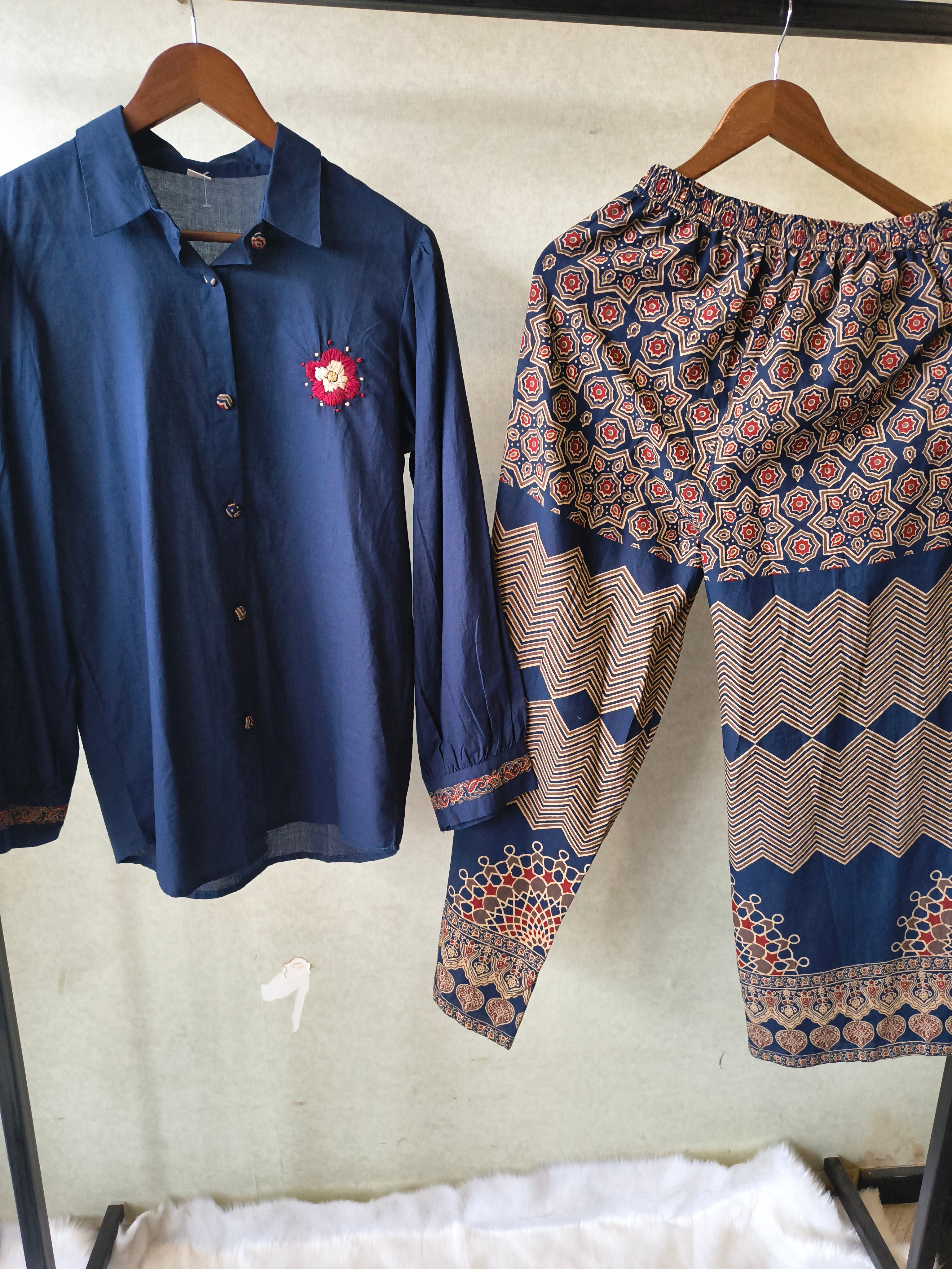 Image of Navy Blue Designer Shirt Co-Ord Set with Statement Printed Palazzo Pants