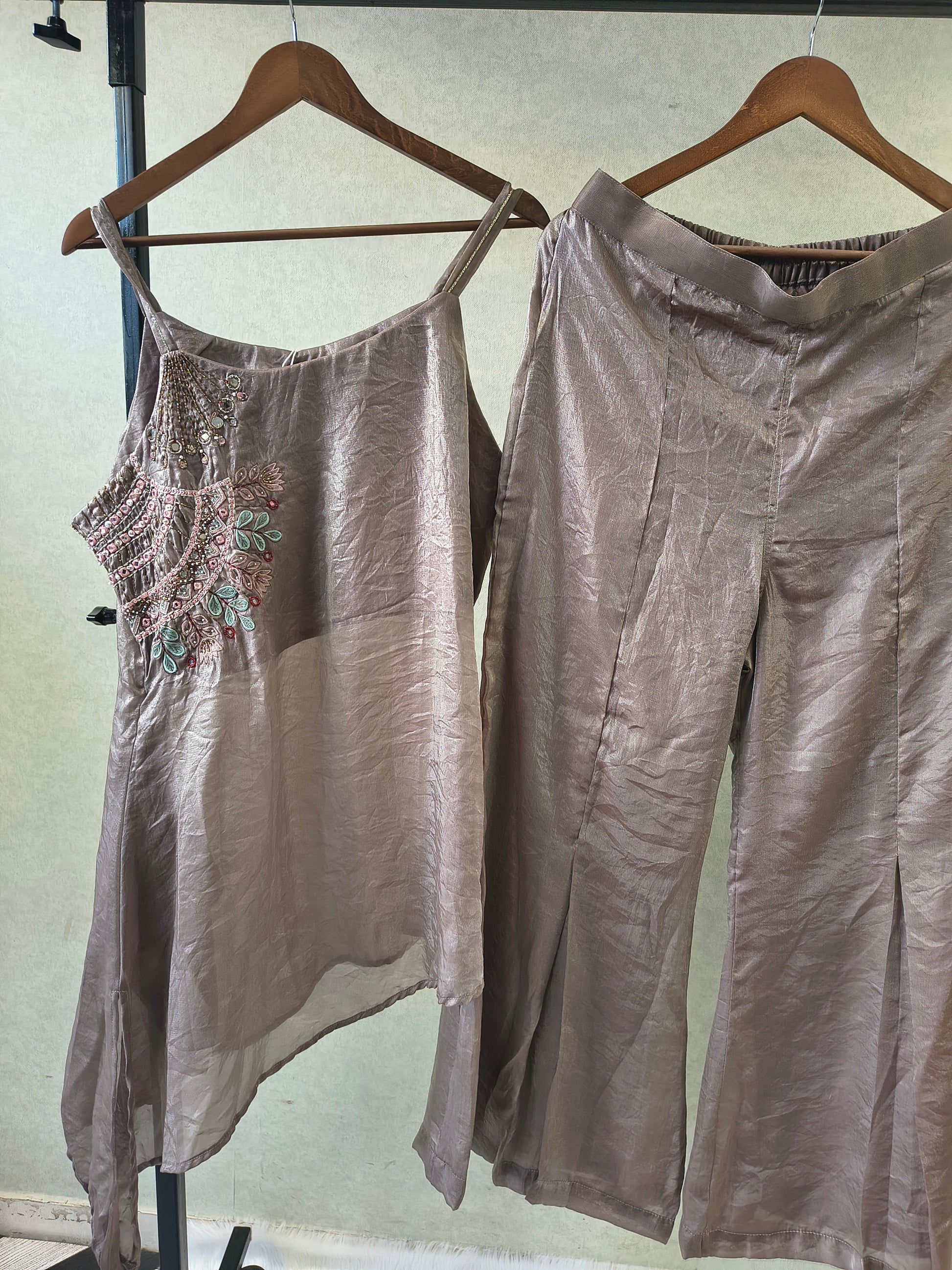 Steel Grey Asymmetrical Embroidered Indo-Western Kurta Set with Straight Pants & Dupatta – 3 Piece Designer Co-Ord Set
